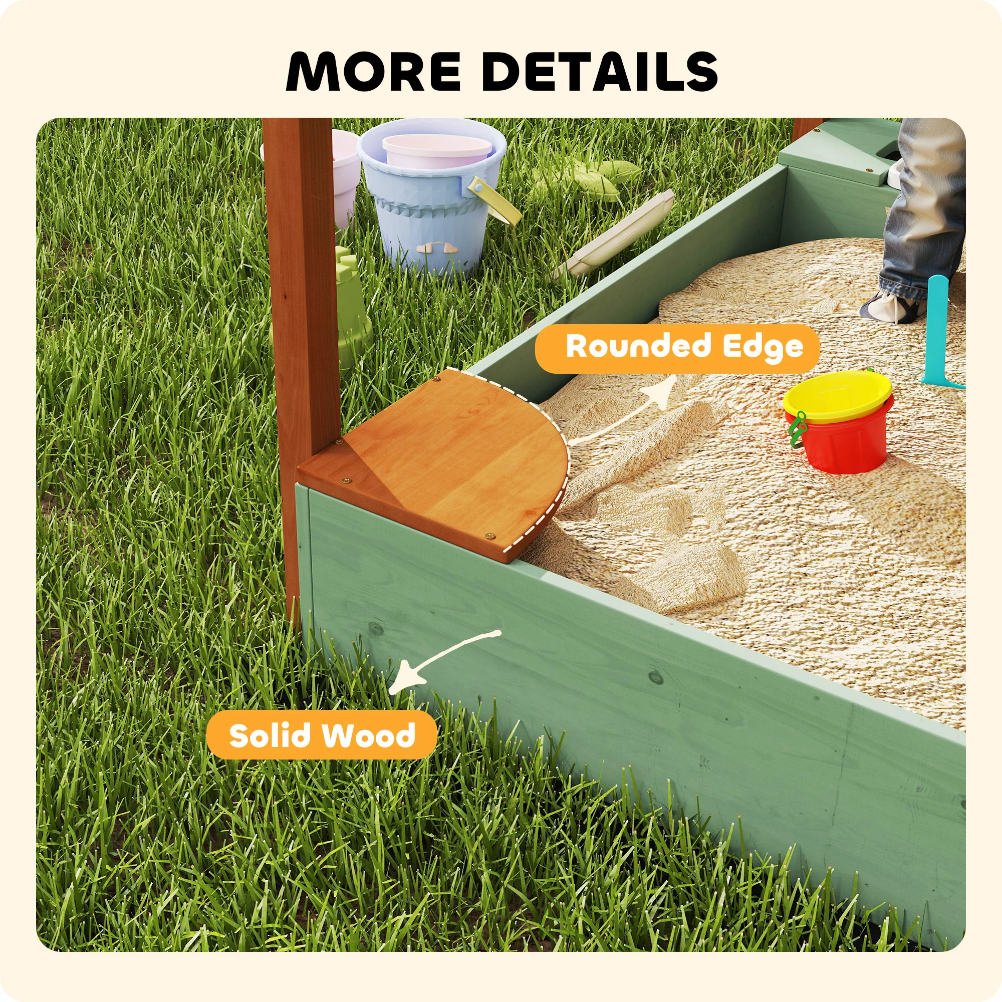 AIYAPLAY Wood Sandpit for Kids with Canopy for Garden, Beach, Green - Image 8