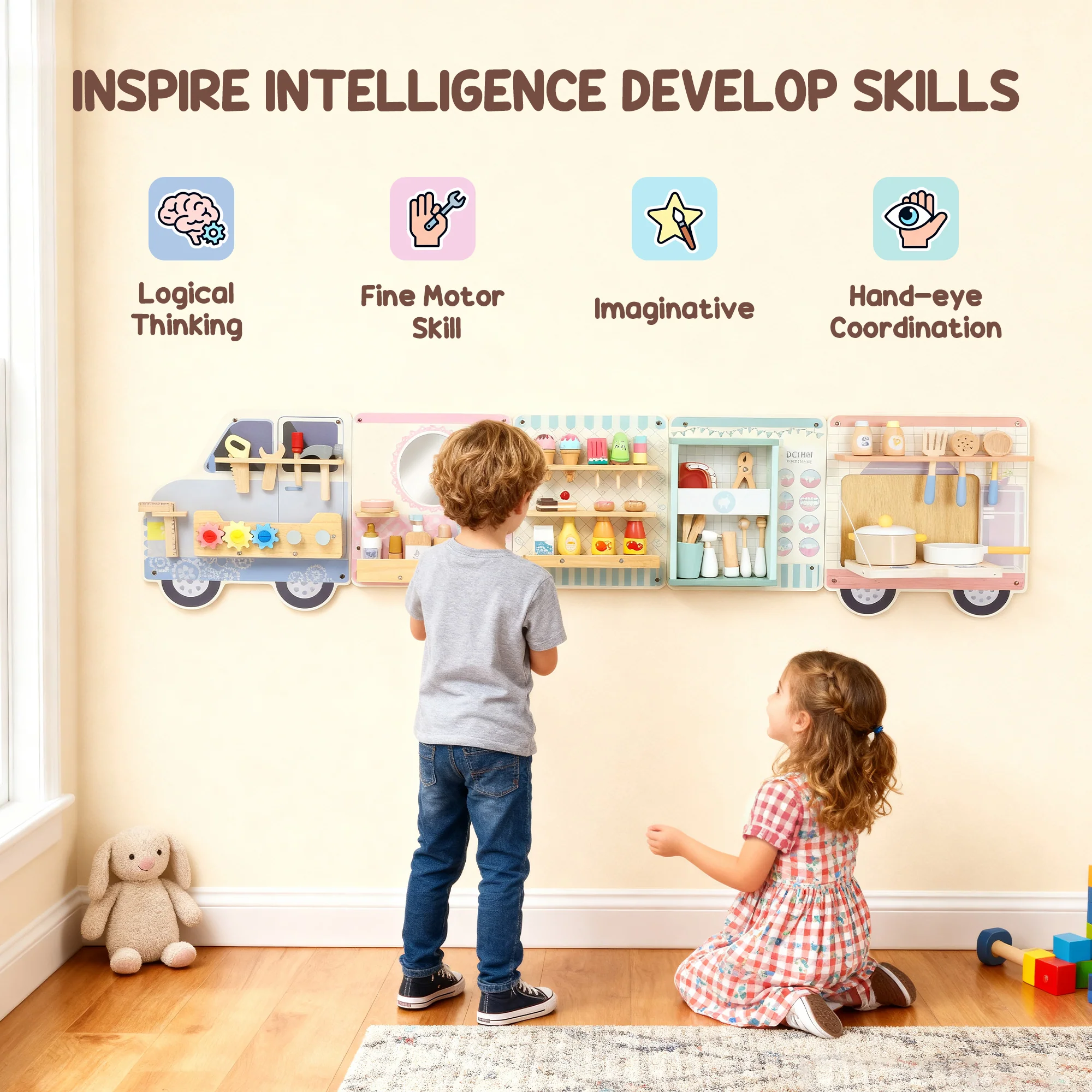 AIYAPLAY Wooden Busy Board, 5 in 1 Wall Panel Sensory Toy for Kids - Image 6