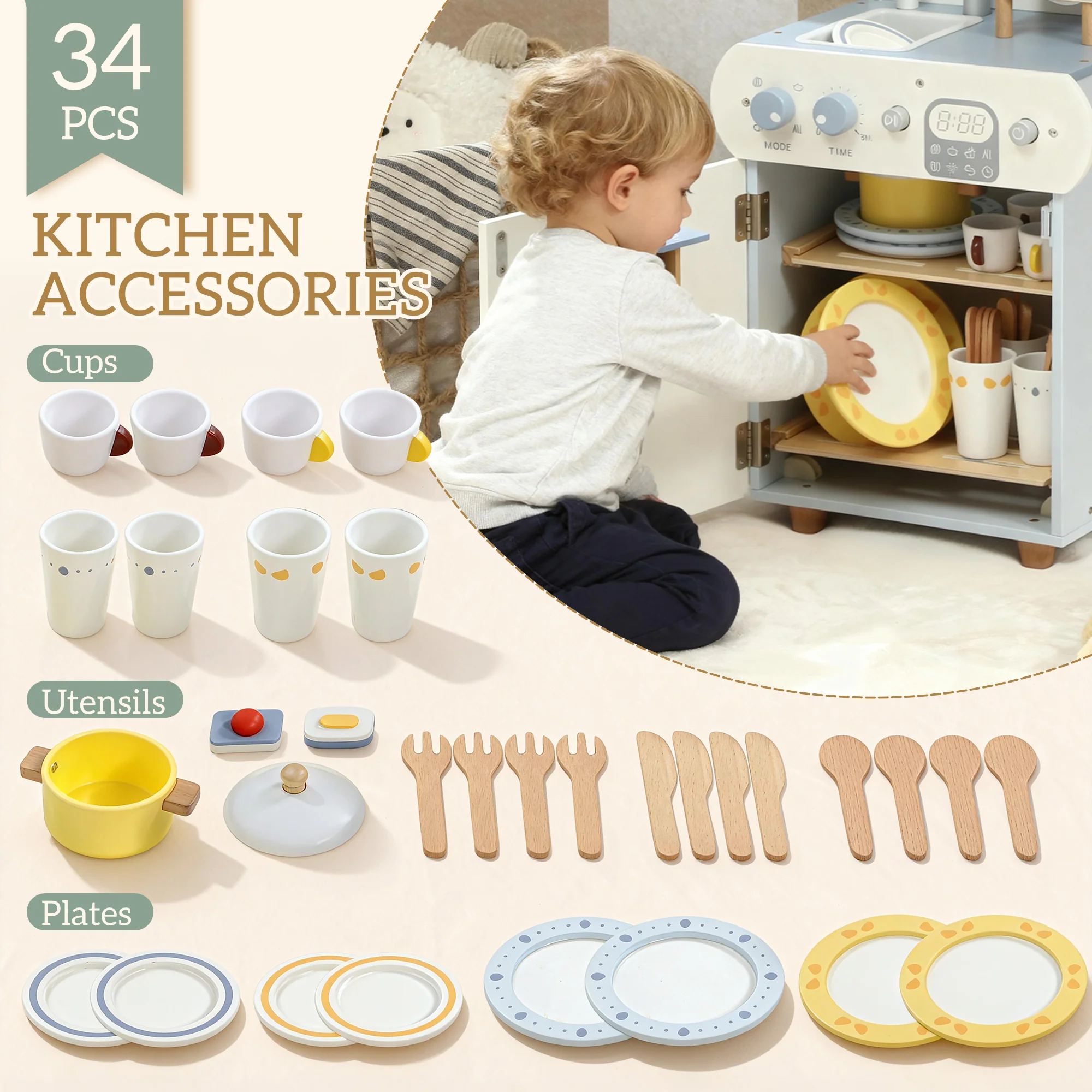 AIYAPLAY Wooden Dishwasher Playset, Kitchen Sink Toys with Accessories - Image 4
