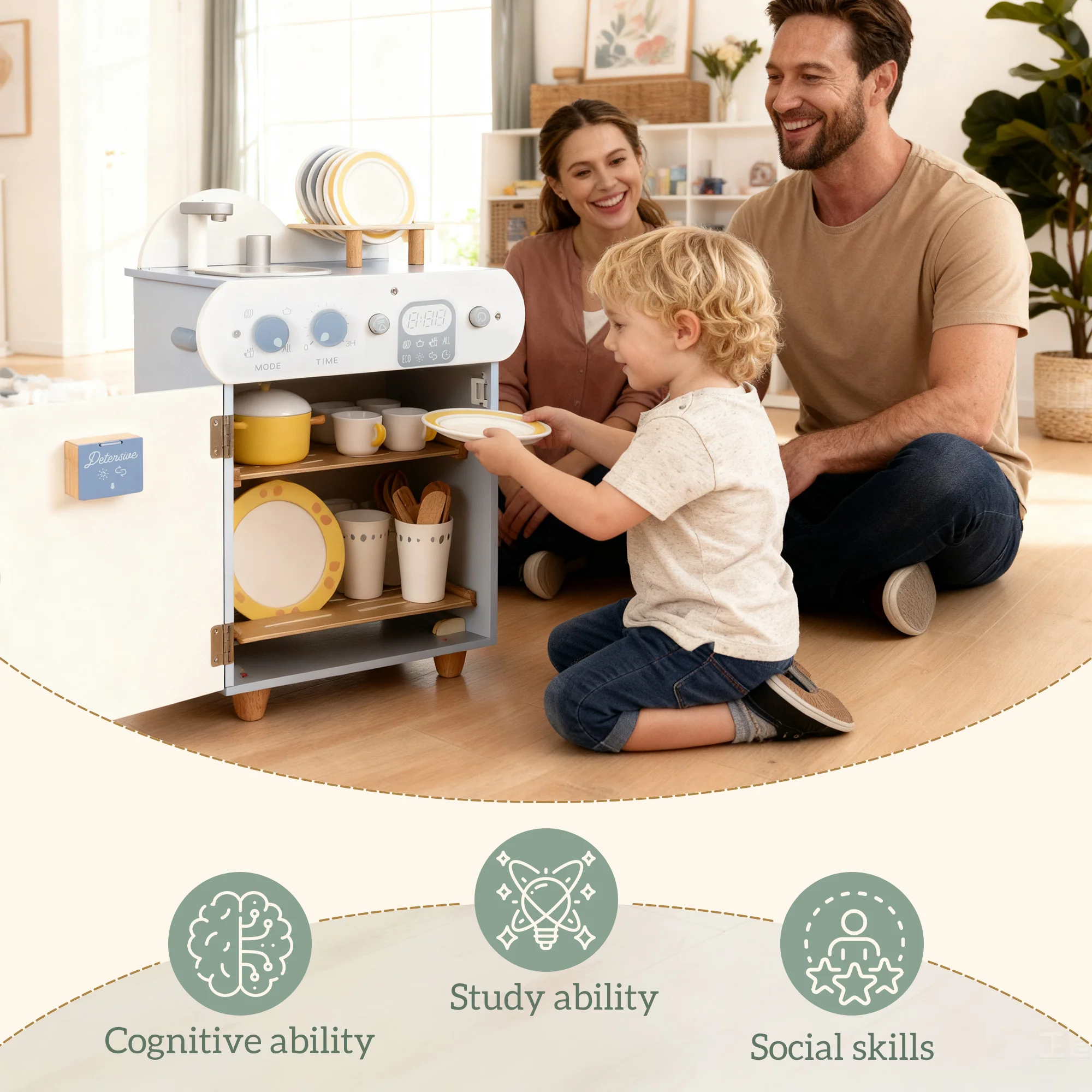 AIYAPLAY Wooden Dishwasher Playset, Kitchen Sink Toys with Accessories - Image 7