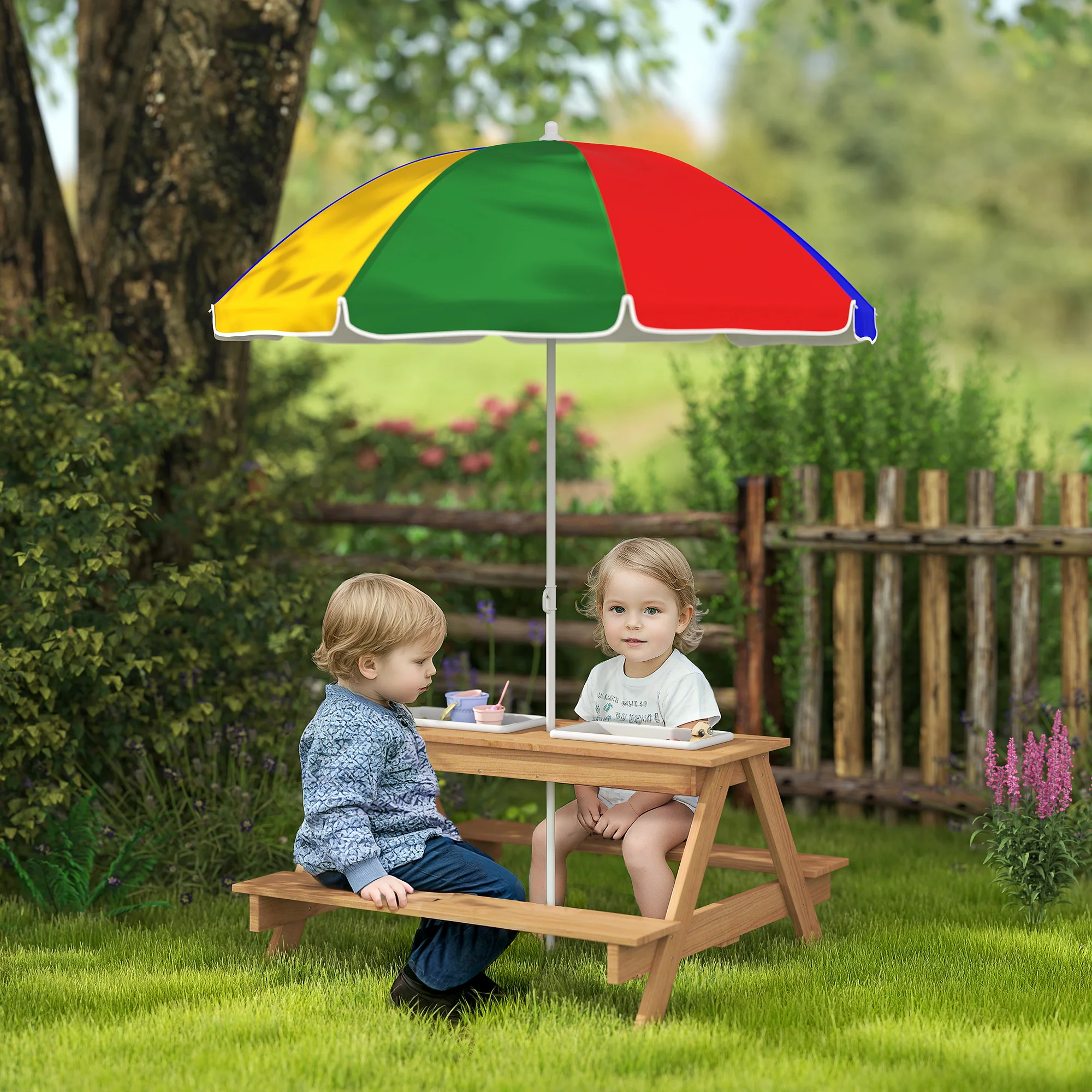 AIYAPLAY Wooden Kids Picnic Table, Sand and Water Table w/ Benches, Parasol - Image 2
