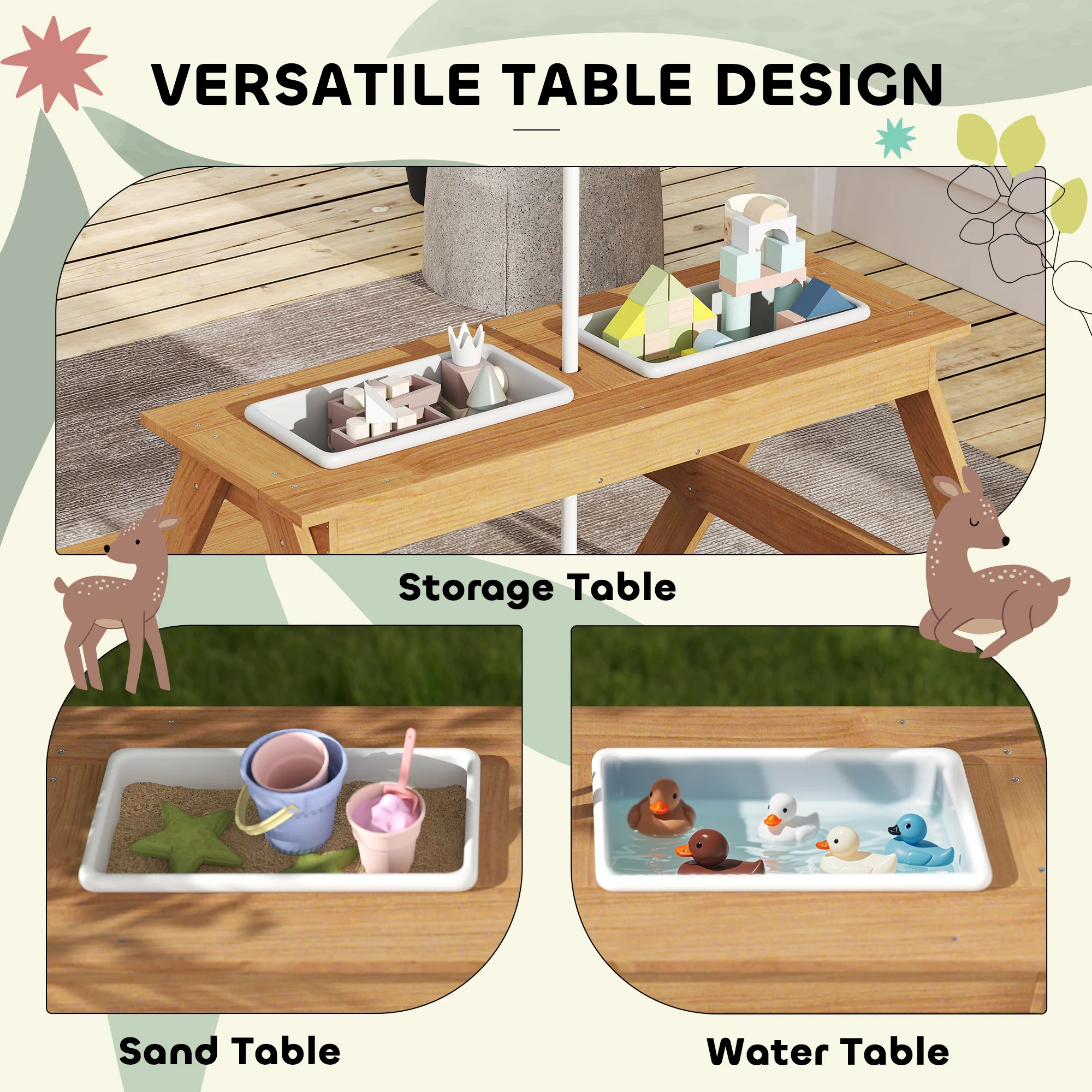 AIYAPLAY Wooden Kids Picnic Table, Sand and Water Table w/ Benches, Parasol - Image 3