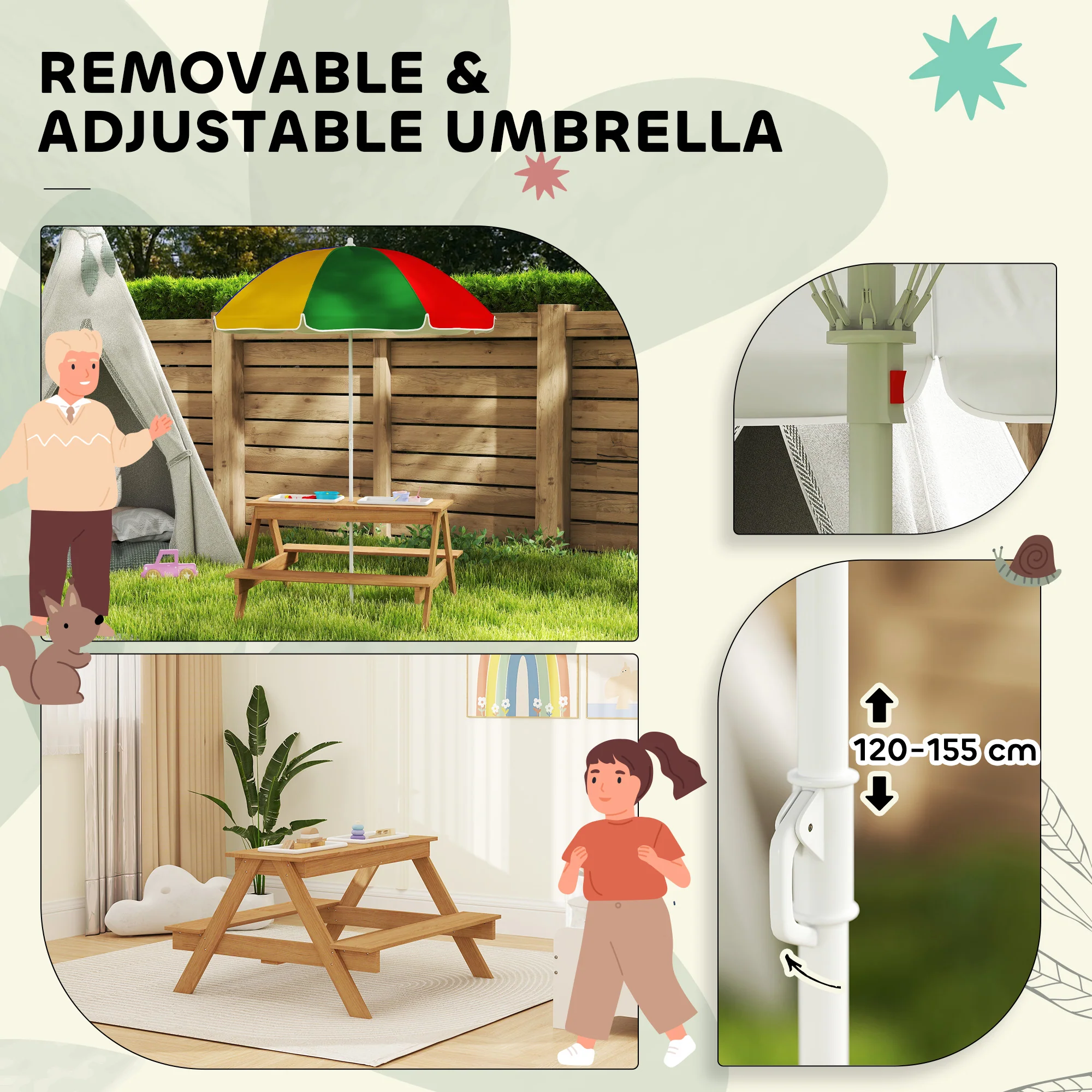 AIYAPLAY Wooden Kids Picnic Table, Sand and Water Table w/ Benches, Parasol - Image 4