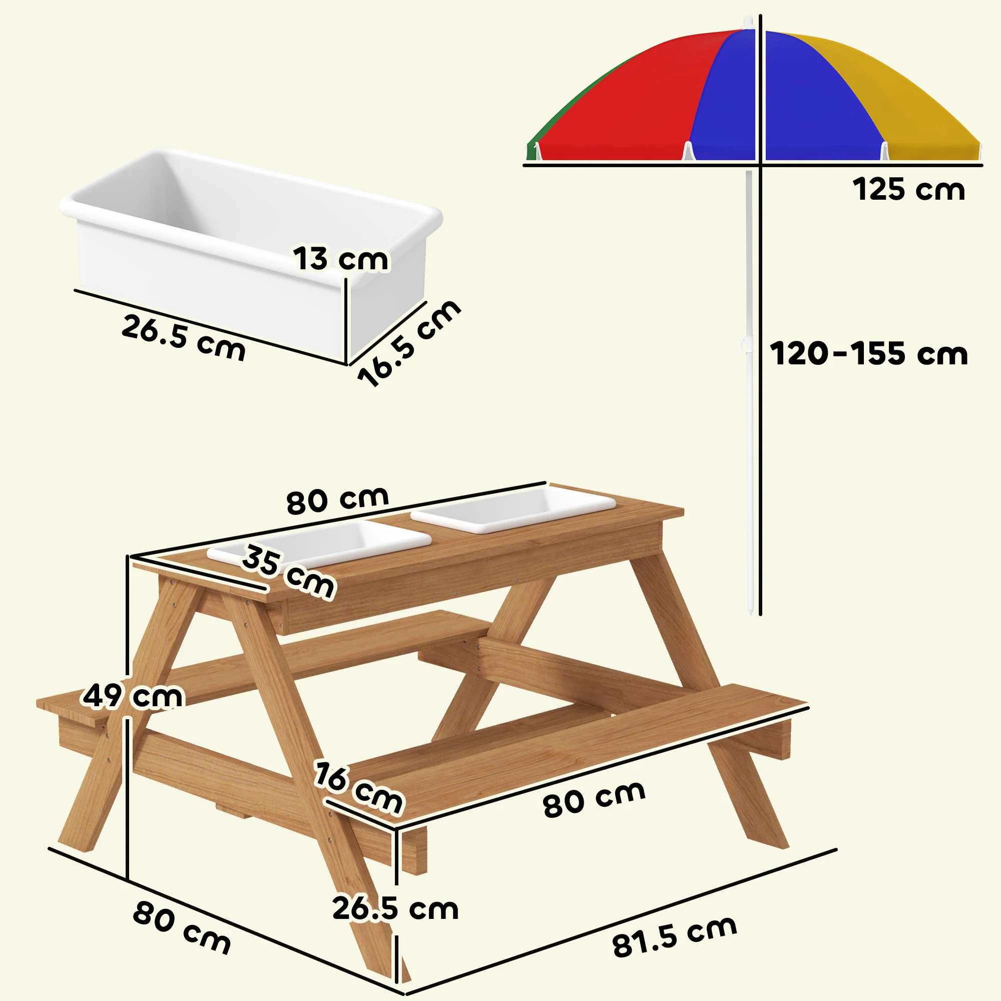 AIYAPLAY Wooden Kids Picnic Table, Sand and Water Table w/ Benches, Parasol - Image 5