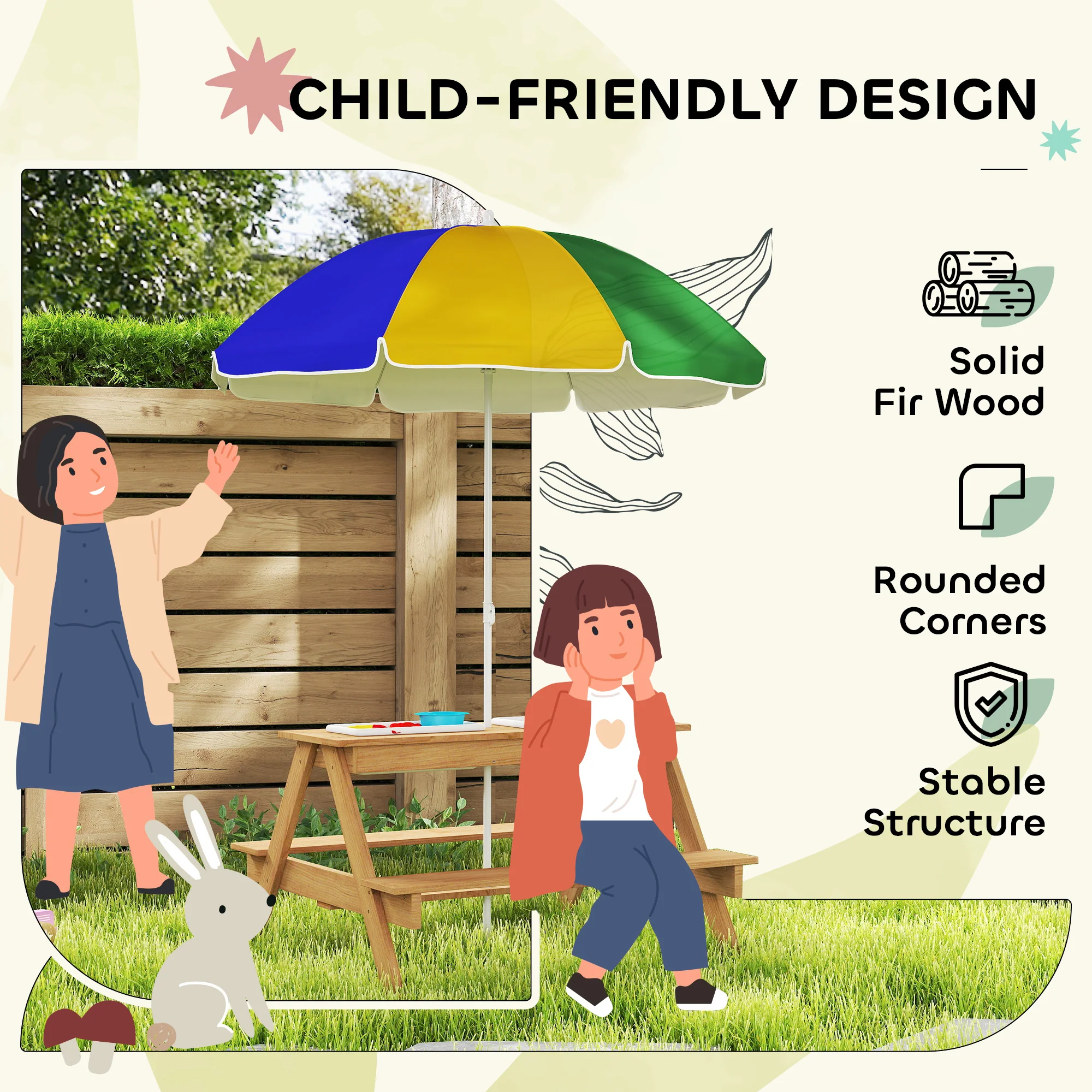 AIYAPLAY Wooden Kids Picnic Table, Sand and Water Table w/ Benches, Parasol - Image 6