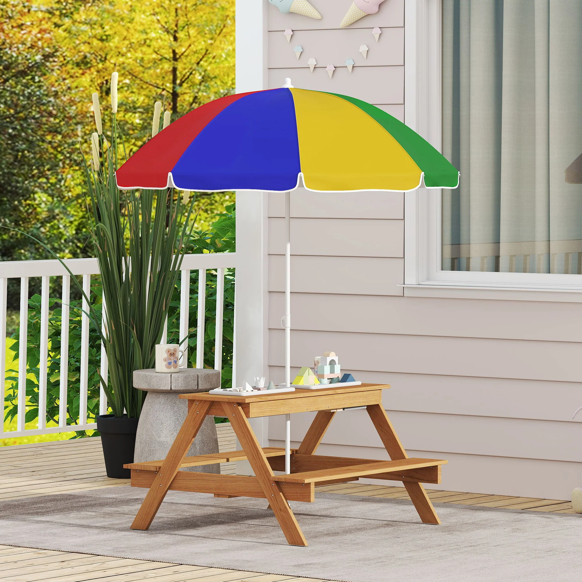 AIYAPLAY Wooden Kids Picnic Table, Sand and Water Table w/ Benches, Parasol - Image 7