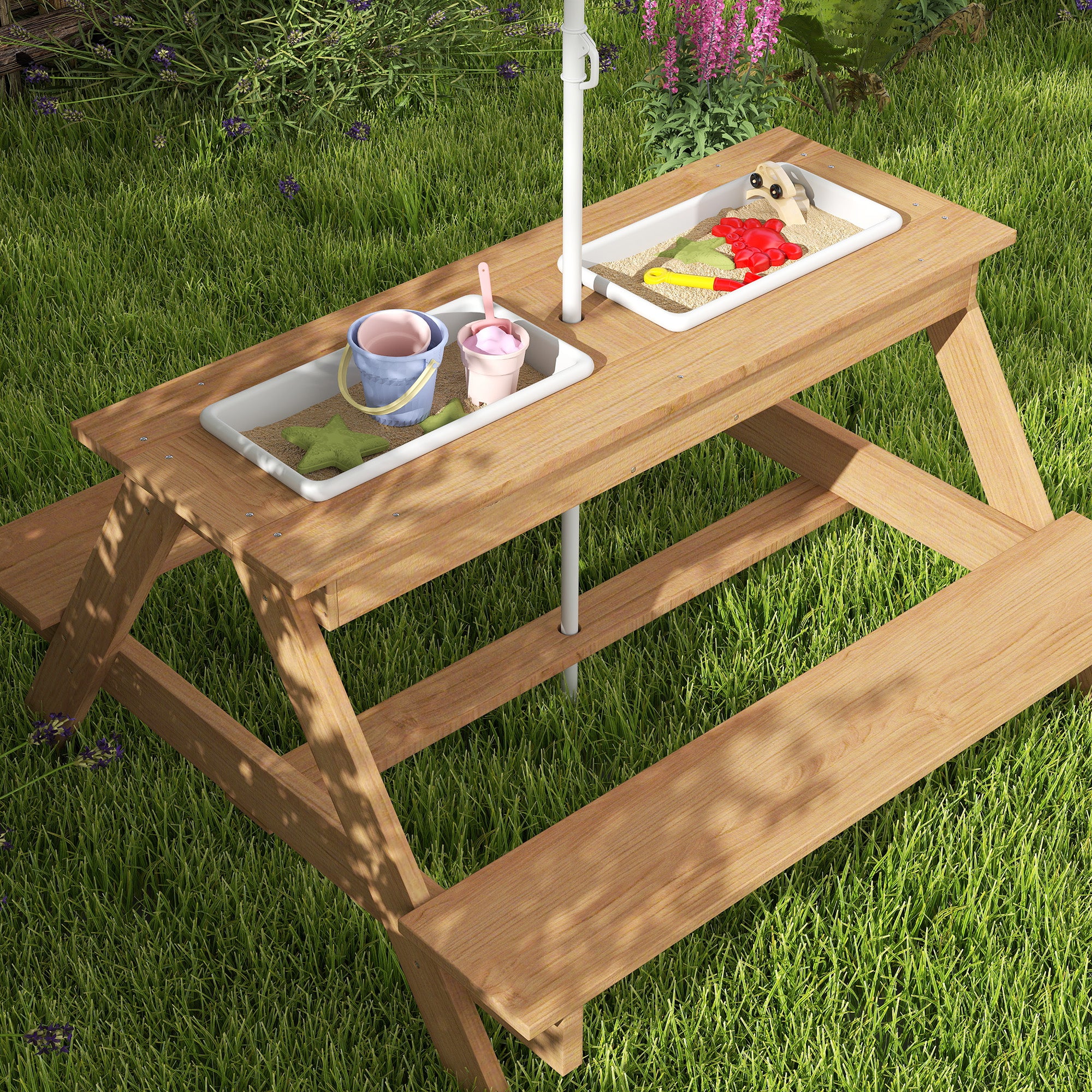 AIYAPLAY Wooden Kids Picnic Table, Sand and Water Table w/ Benches, Parasol - Image 8