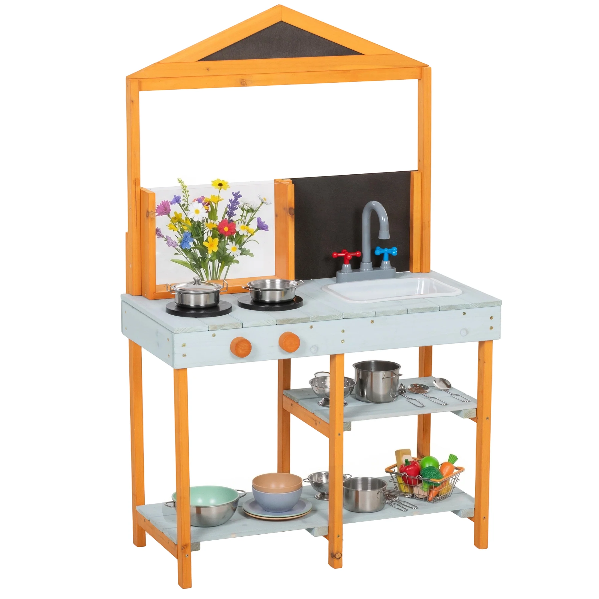 AIYAPLAY Wooden Mud Kitchen for Kids with Removable Sink, Cookware, Shelves