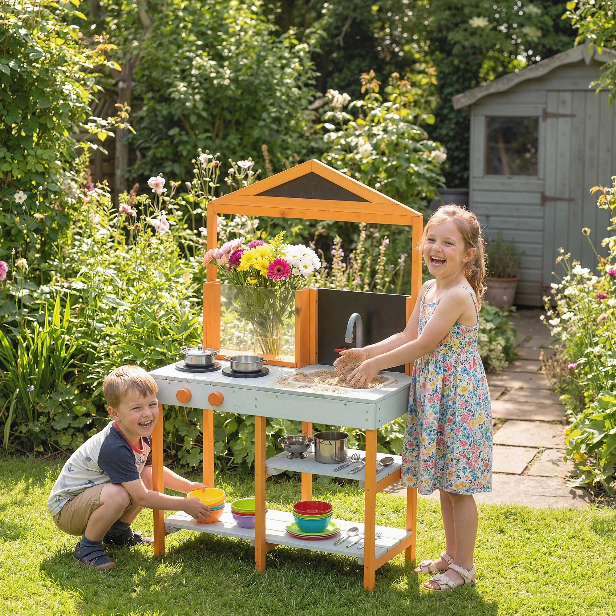 AIYAPLAY Wooden Mud Kitchen for Kids with Removable Sink, Cookware, Shelves - Image 2