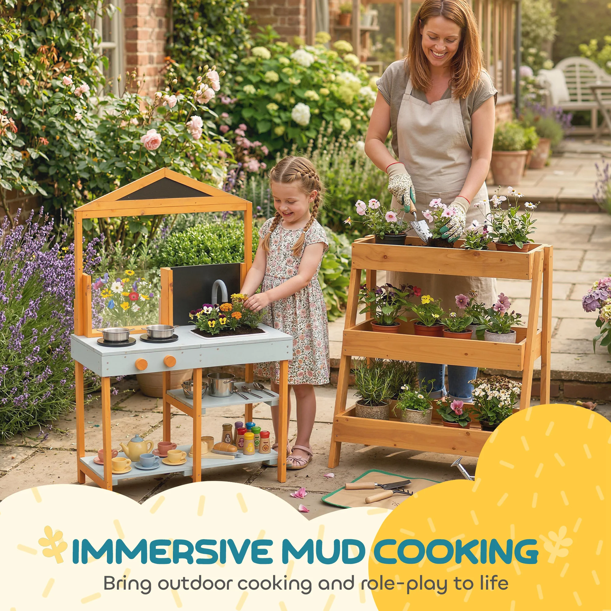 AIYAPLAY Wooden Mud Kitchen for Kids with Removable Sink, Cookware, Shelves - Image 3