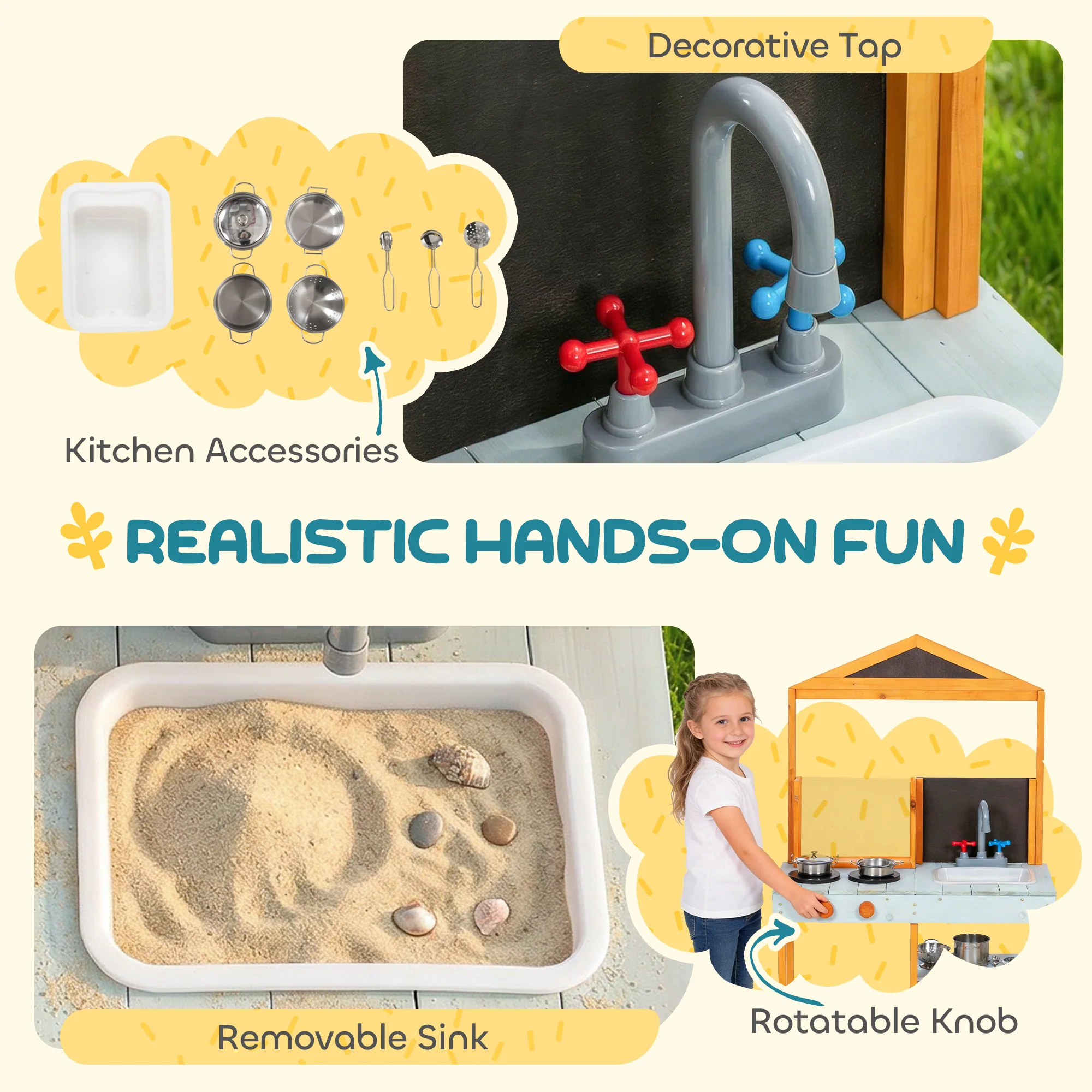 AIYAPLAY Wooden Mud Kitchen for Kids with Removable Sink, Cookware, Shelves - Image 4