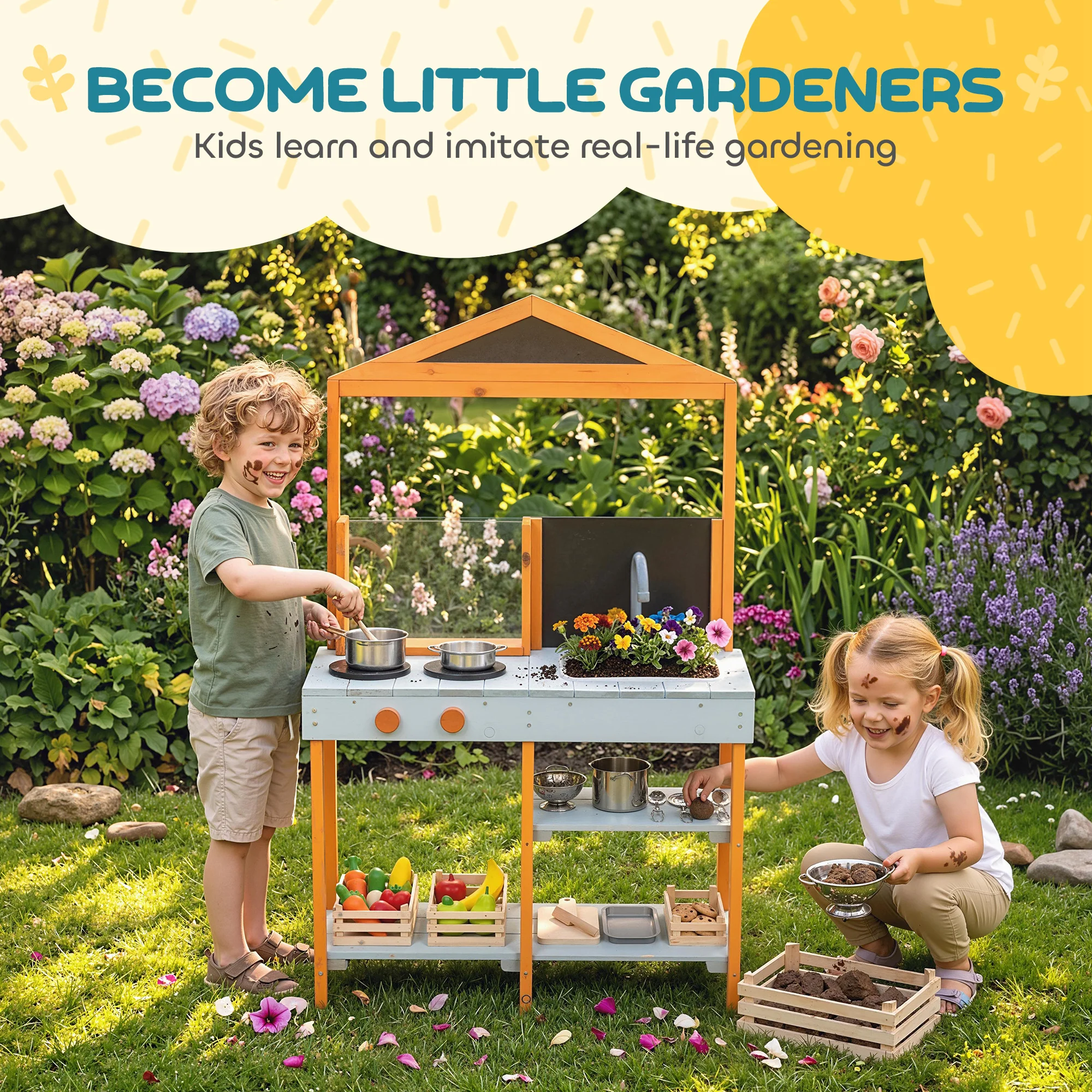 AIYAPLAY Wooden Mud Kitchen for Kids with Removable Sink, Cookware, Shelves - Image 6