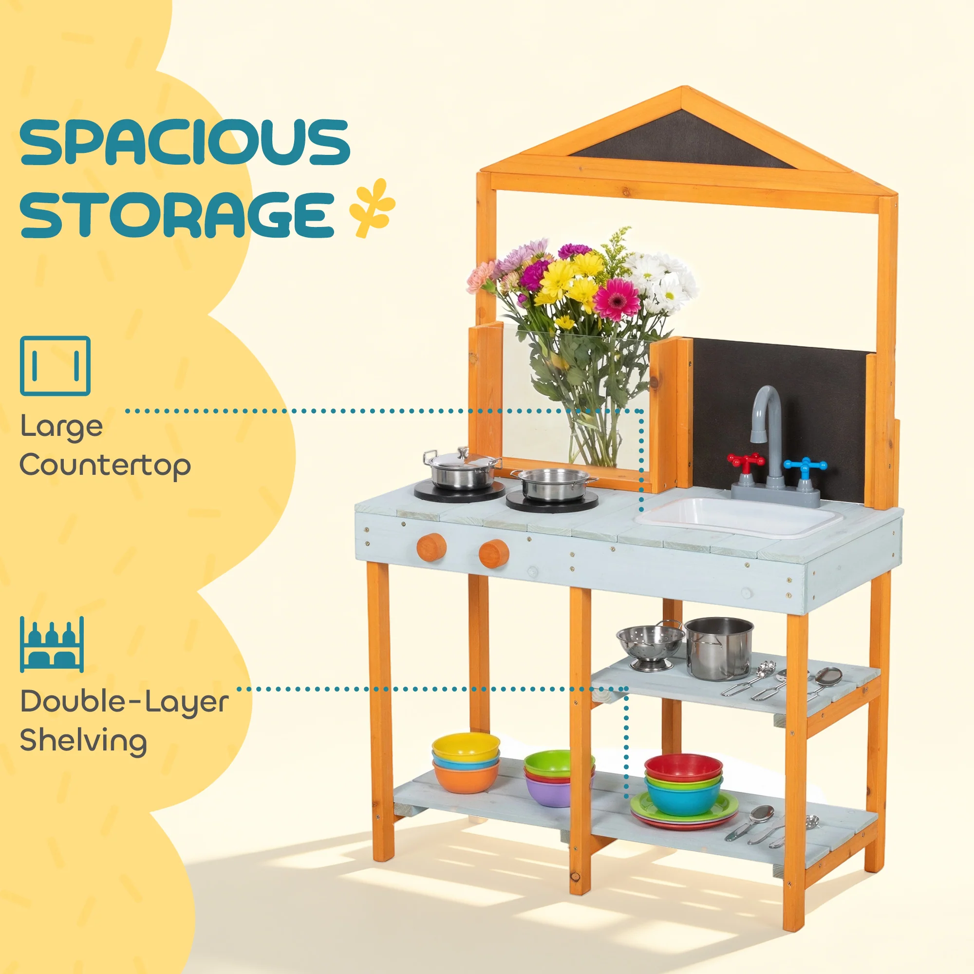 AIYAPLAY Wooden Mud Kitchen for Kids with Removable Sink, Cookware, Shelves - Image 7