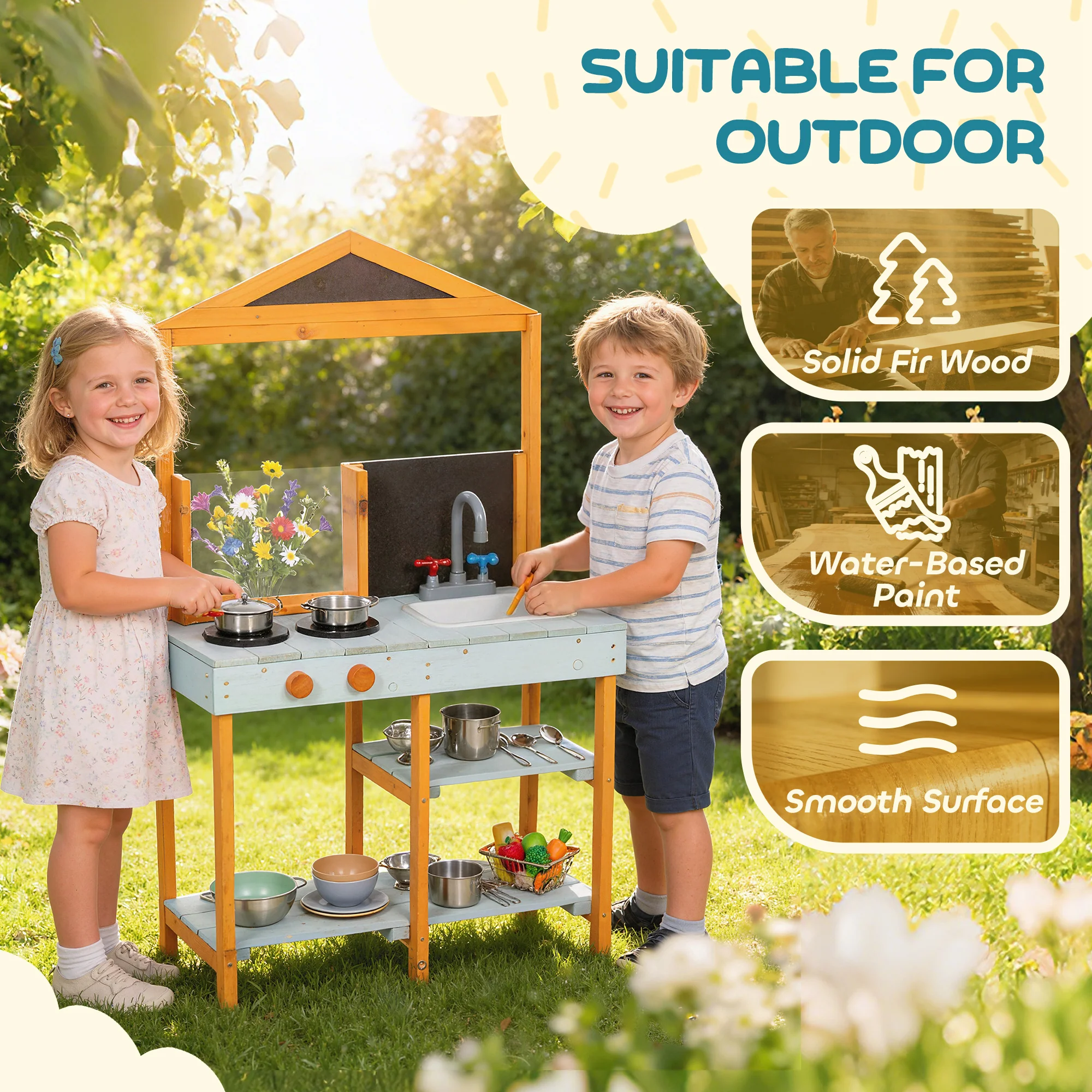 AIYAPLAY Wooden Mud Kitchen for Kids with Removable Sink, Cookware, Shelves - Image 8