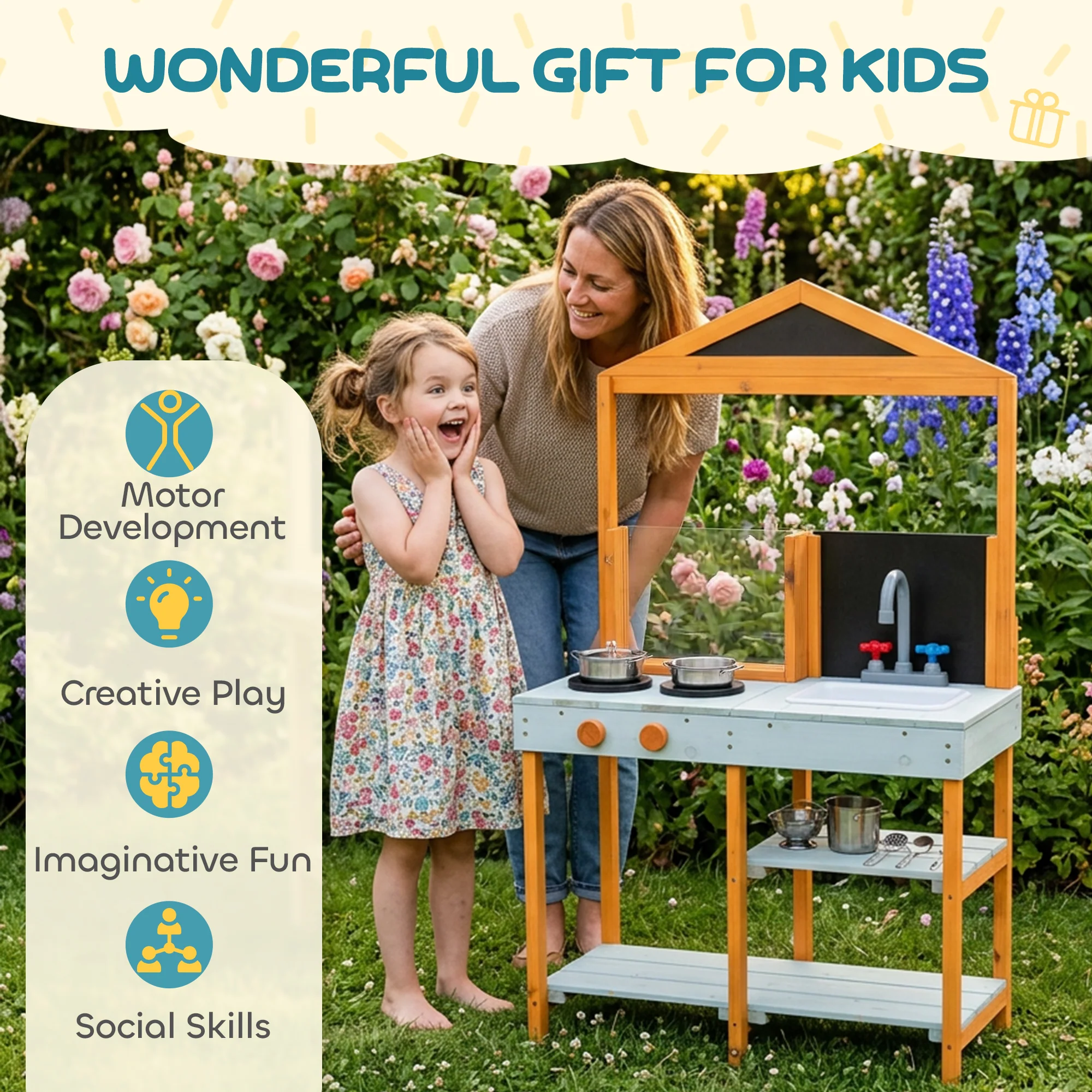 AIYAPLAY Wooden Mud Kitchen for Kids with Removable Sink, Cookware, Shelves - Image 9
