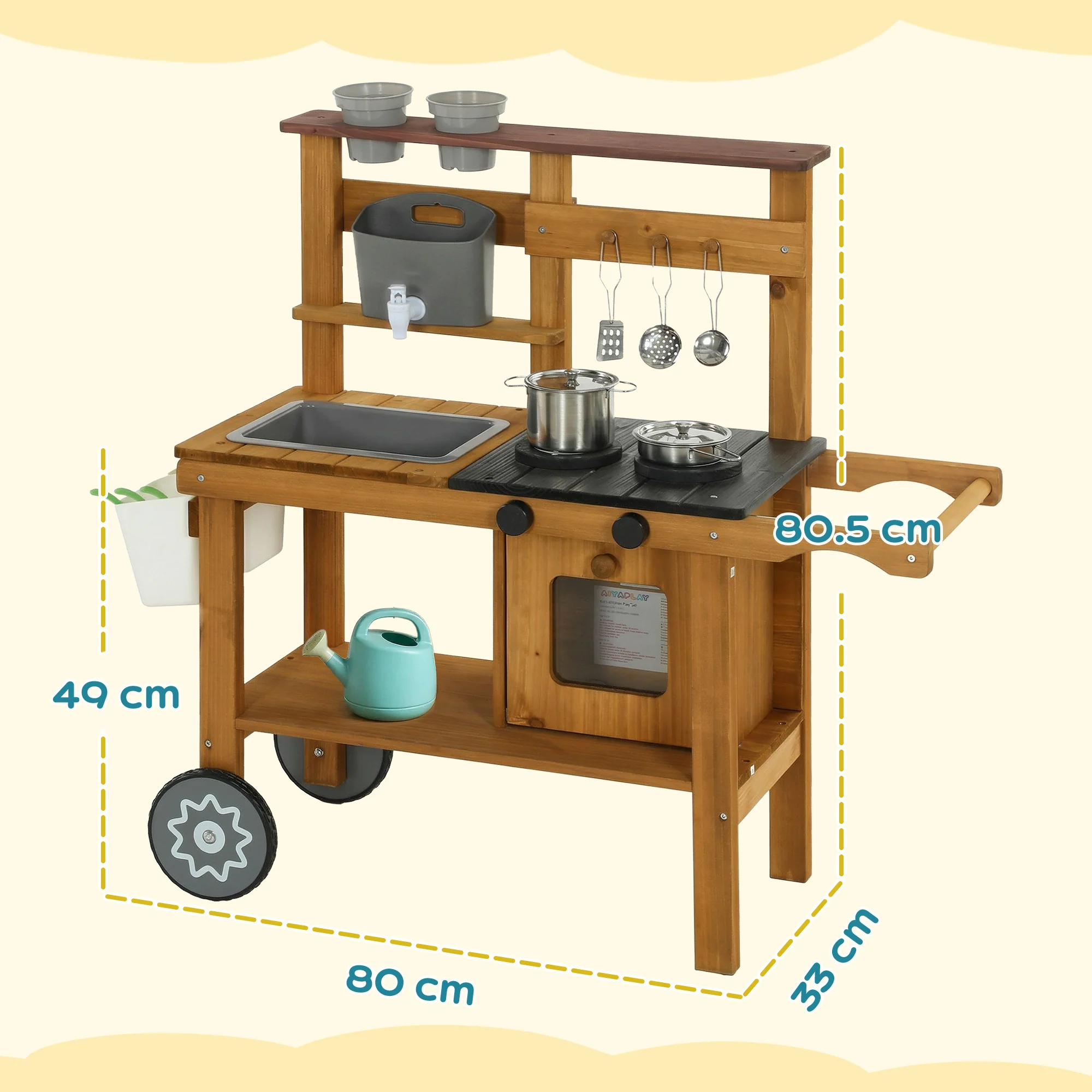AIYAPLAY Wooden Mud Kitchen with Wheels, Stove, Stainless Steel Accessories - Image 5