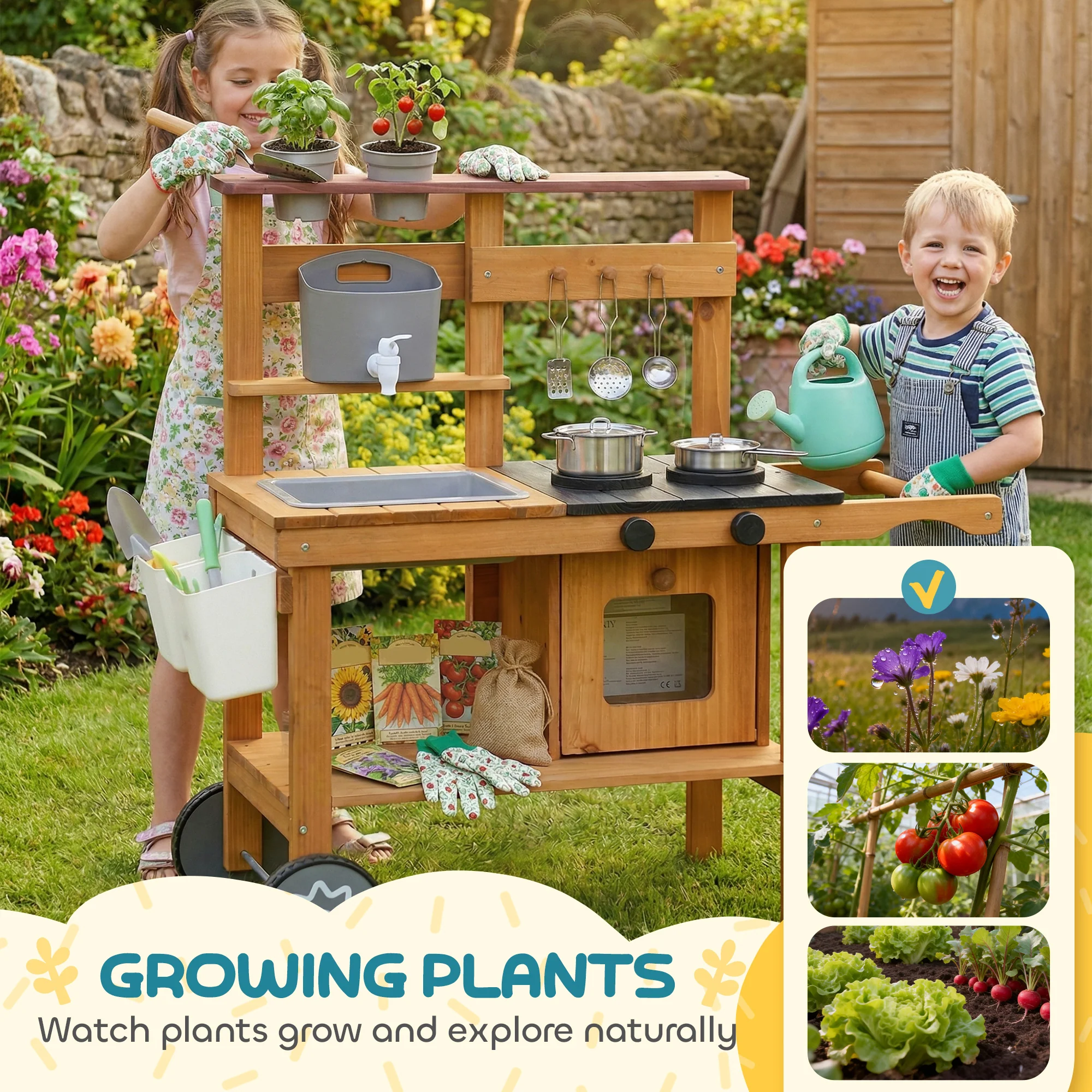 AIYAPLAY Wooden Mud Kitchen with Wheels, Stove, Stainless Steel Accessories - Image 6