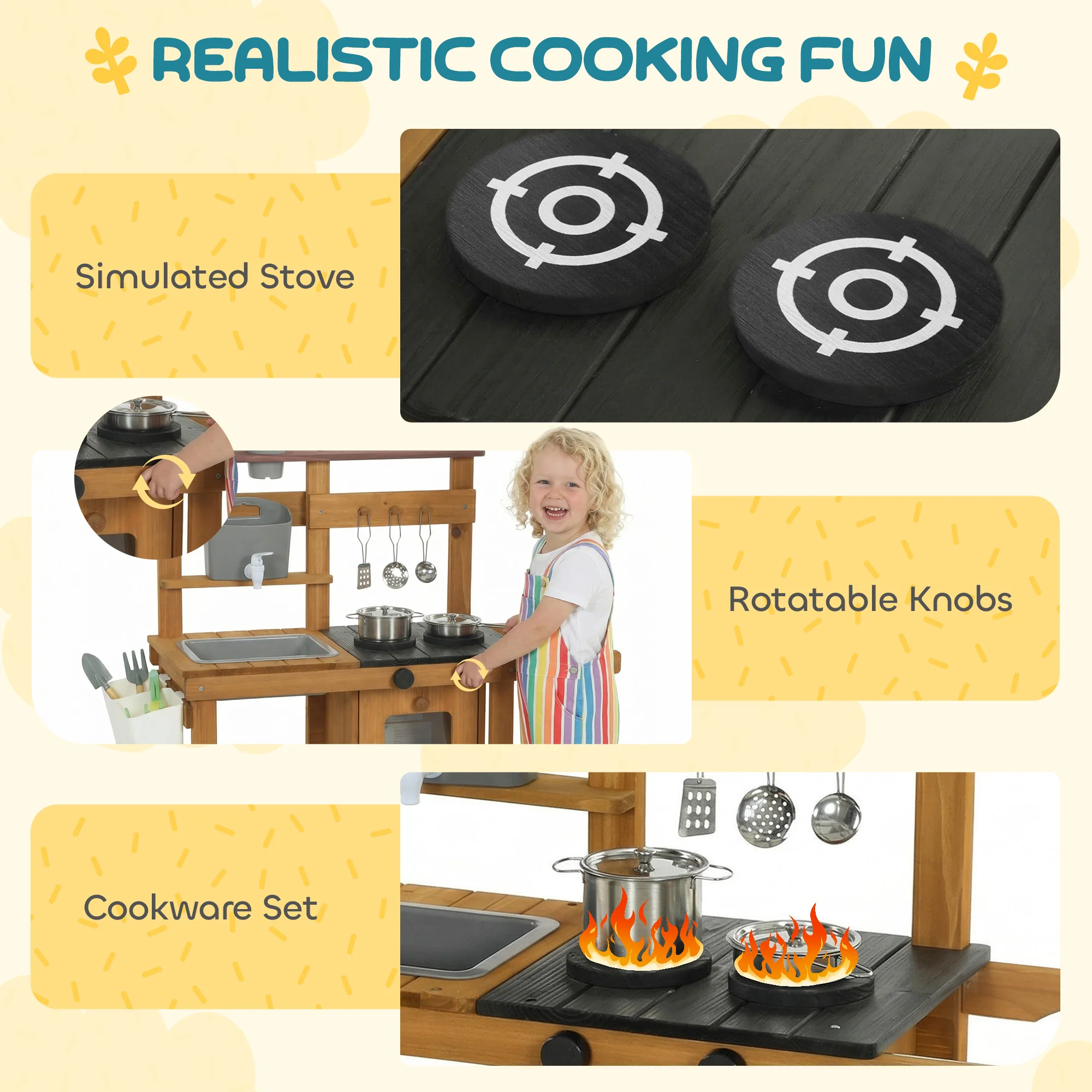AIYAPLAY Wooden Mud Kitchen with Wheels, Stove, Stainless Steel Accessories - Image 7