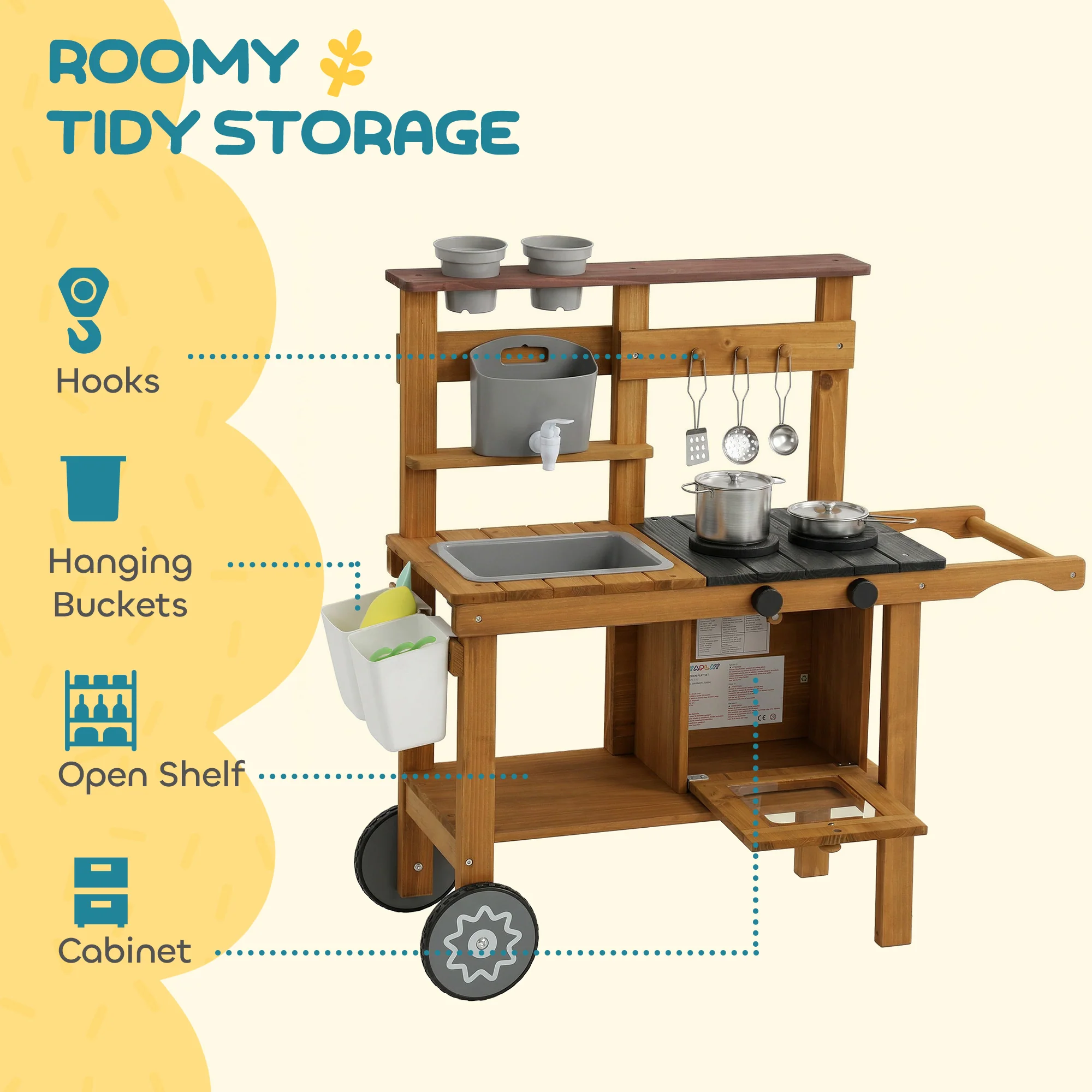 AIYAPLAY Wooden Mud Kitchen with Wheels, Stove, Stainless Steel Accessories - Image 8