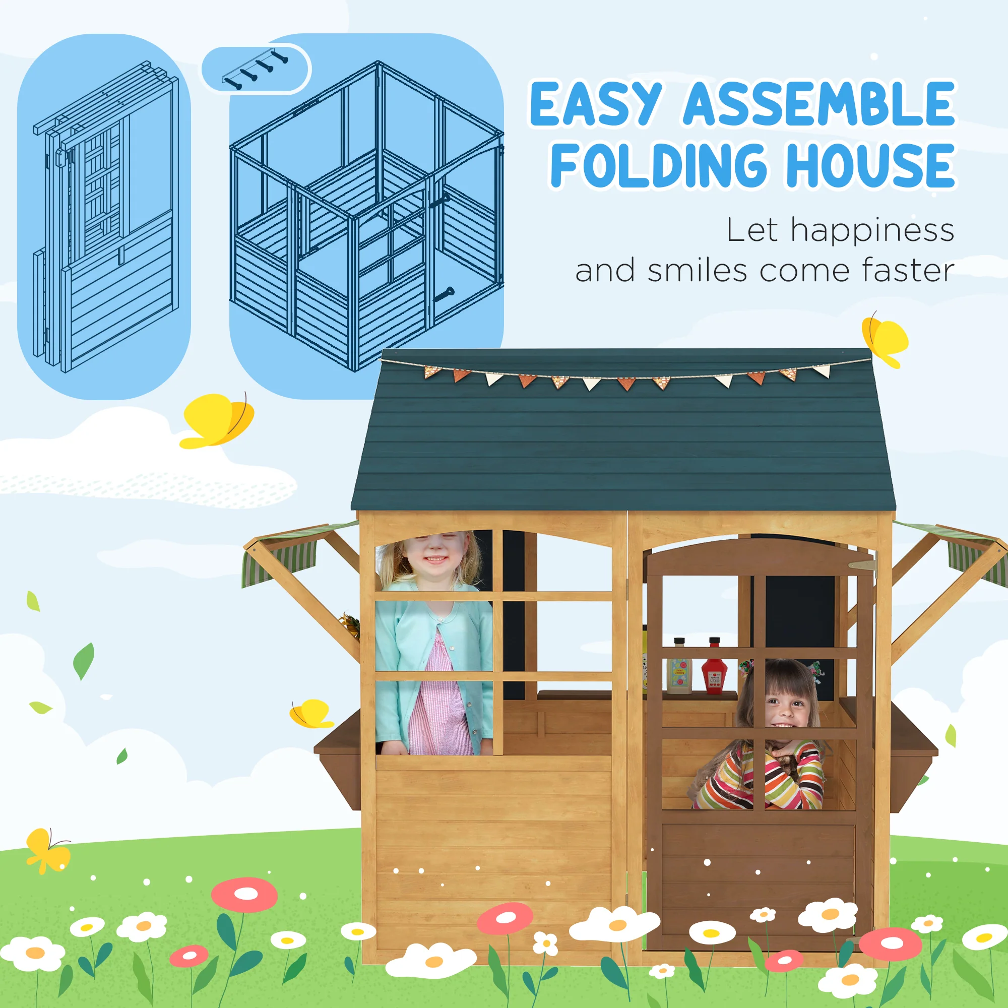 AIYAPLAY Wooden Playhouse For Kids Outdoor, Foldable Wendy House, Brown - Image 4
