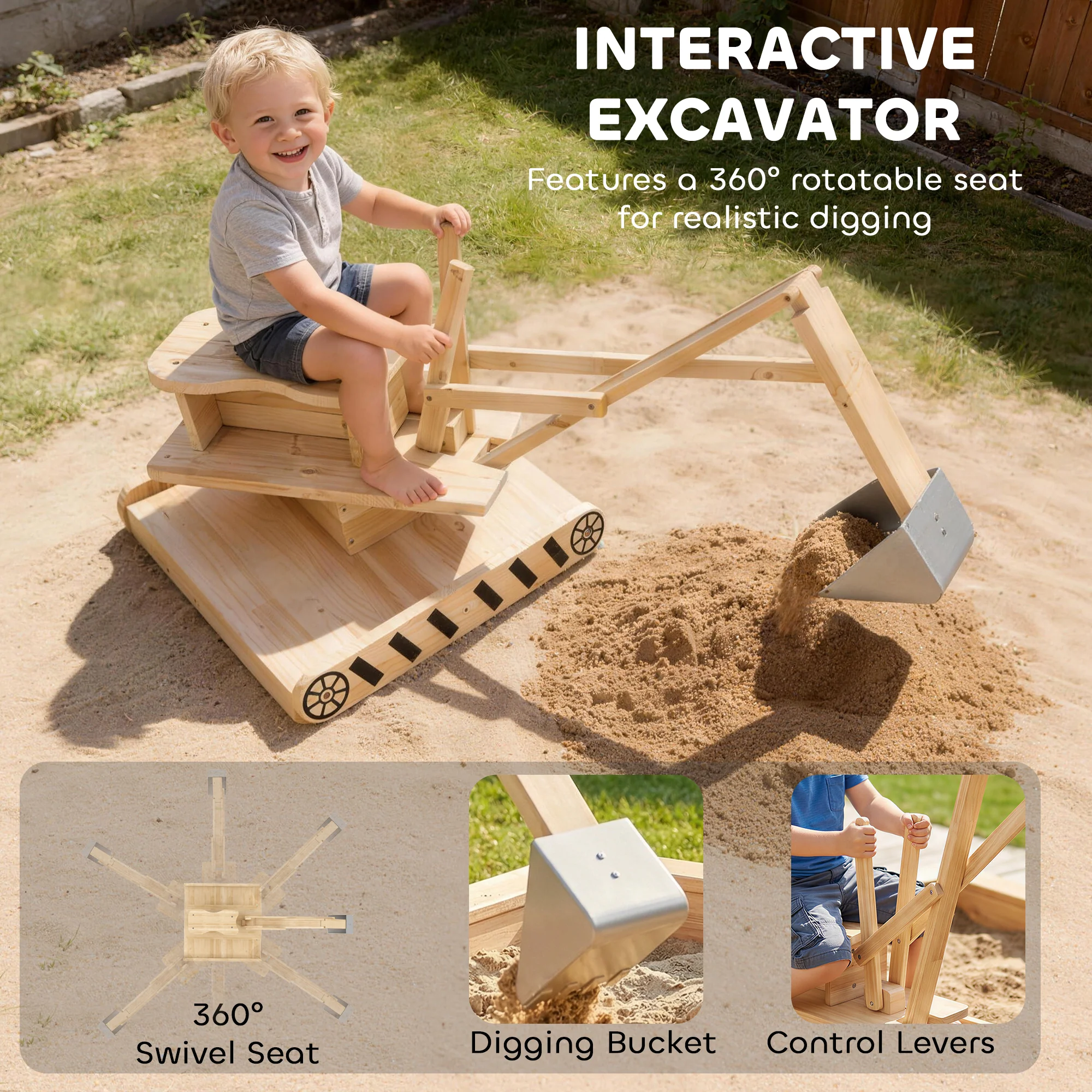 AIYAPLAY Wooden Sandbox With Digger 360° Swivel Seat - Image 4