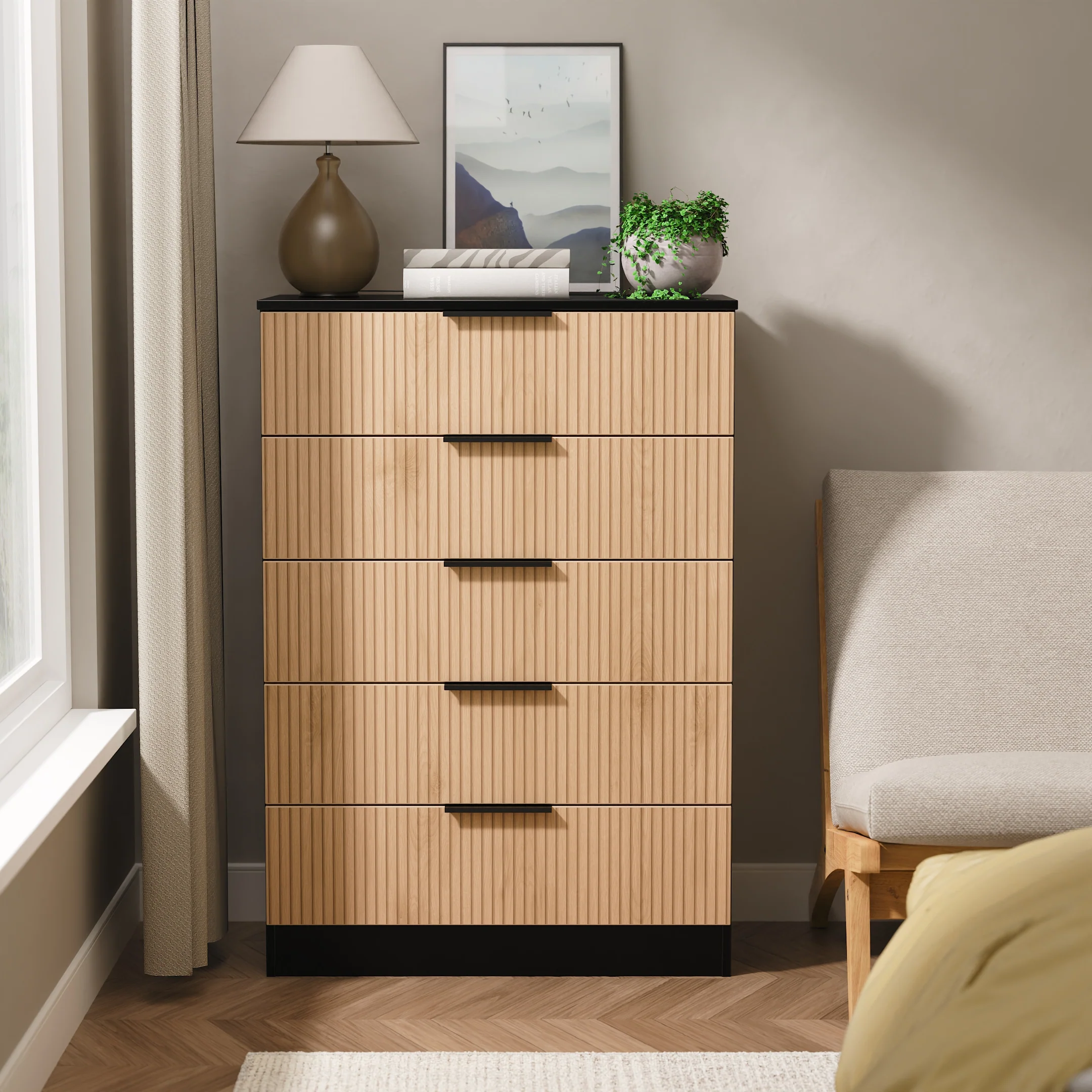 Alaska Ready Assembled 5 Drawer Chest in Slat Effect & Black