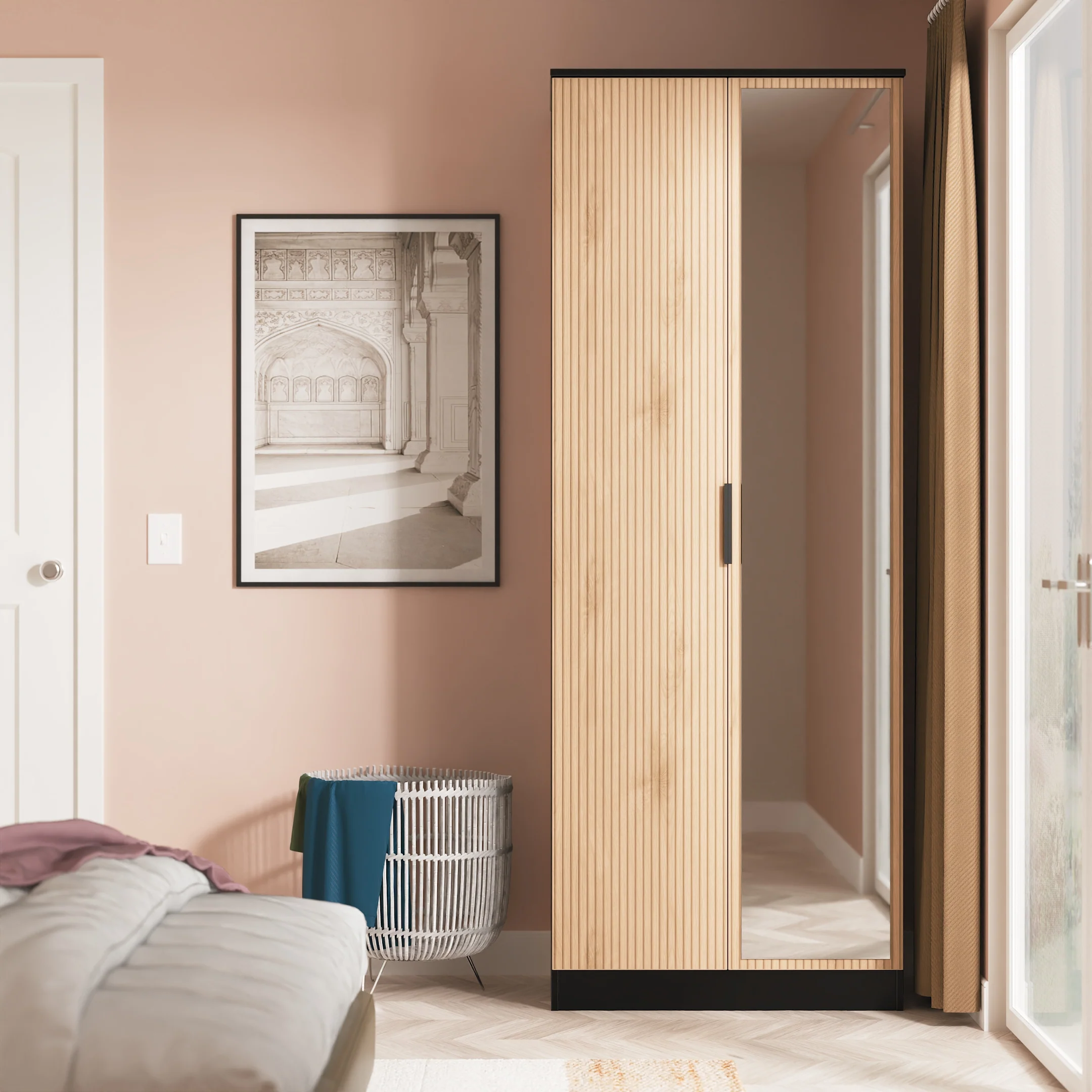 Alaska Ready Assembled Tall 2 Door Mirrored Wardrobe In Slat Effect & Black