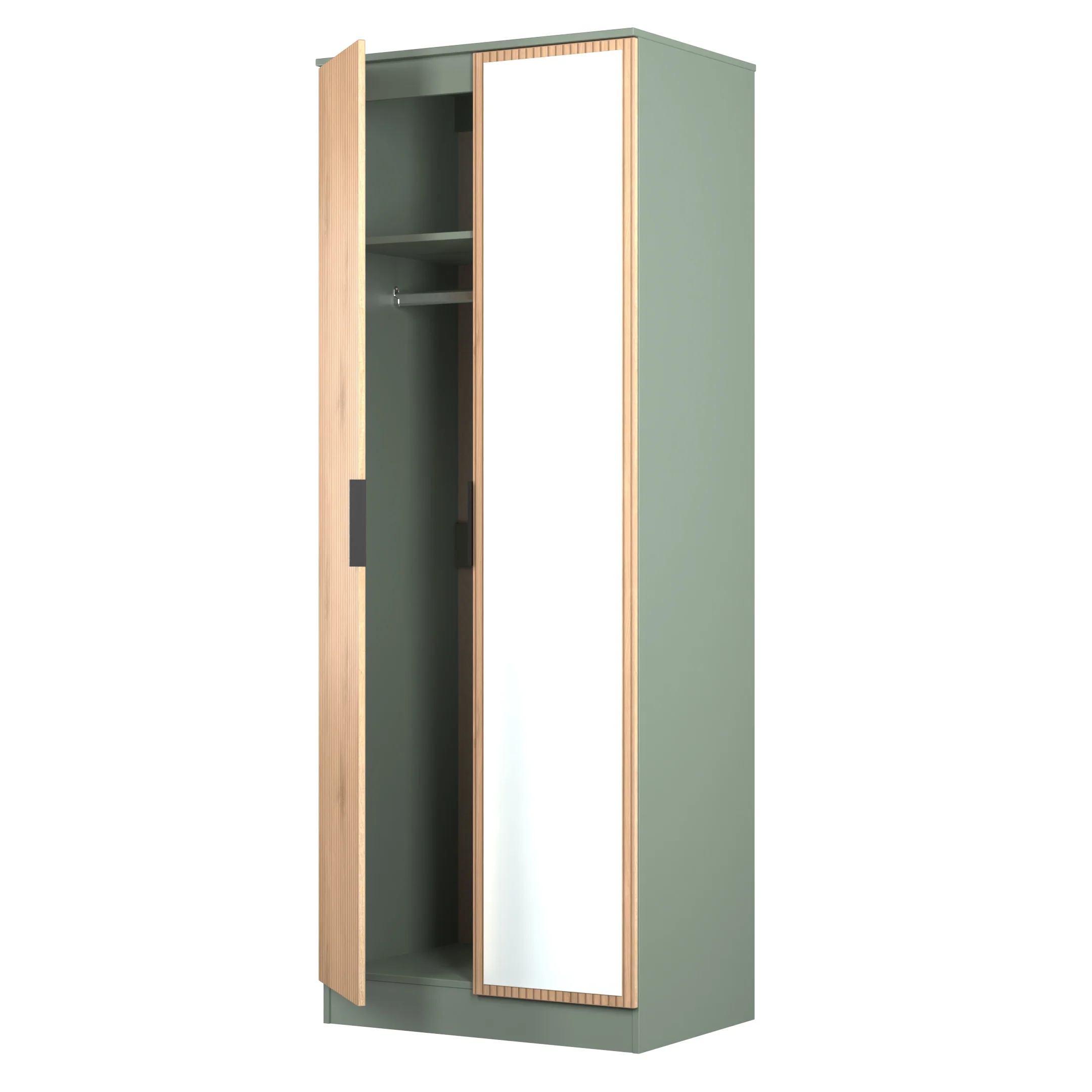 Alaska Ready Assembled Tall 2 Door Mirrored Wardrobe In Slat Effect & Reed Green - Image 5