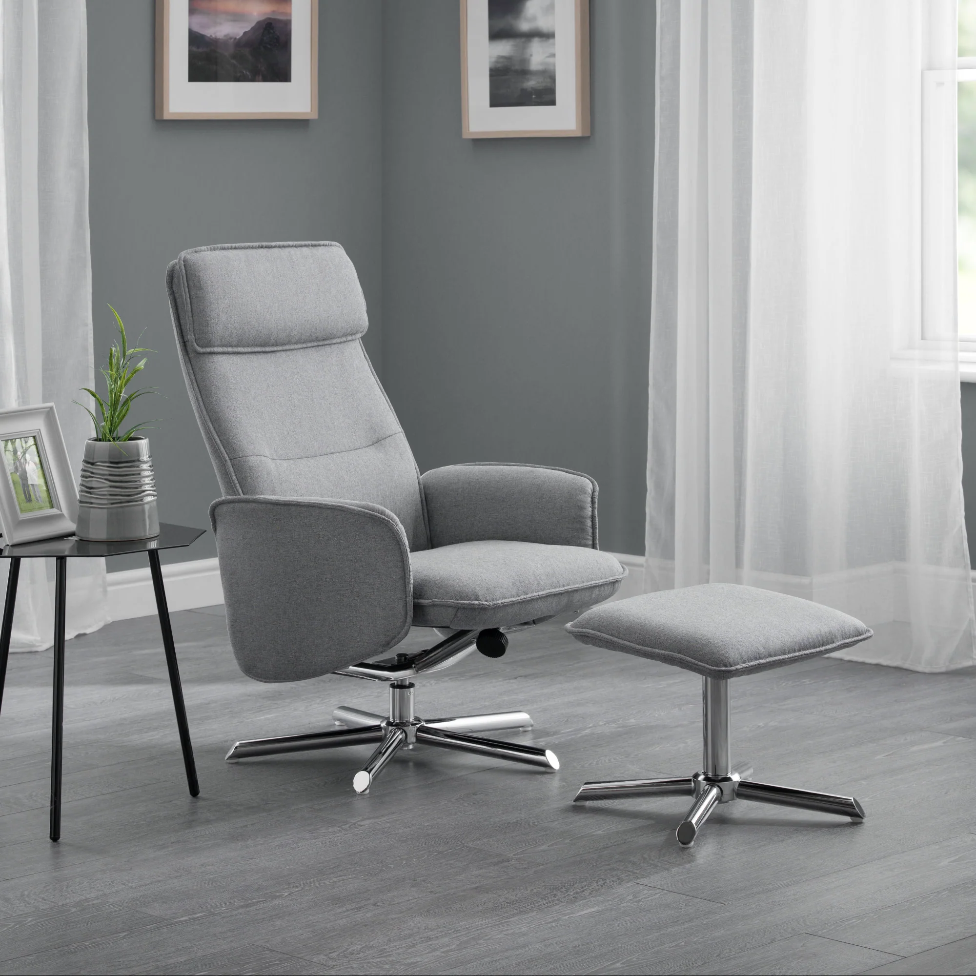 Chelsea Recliner Chair With Stool - Grey Linen