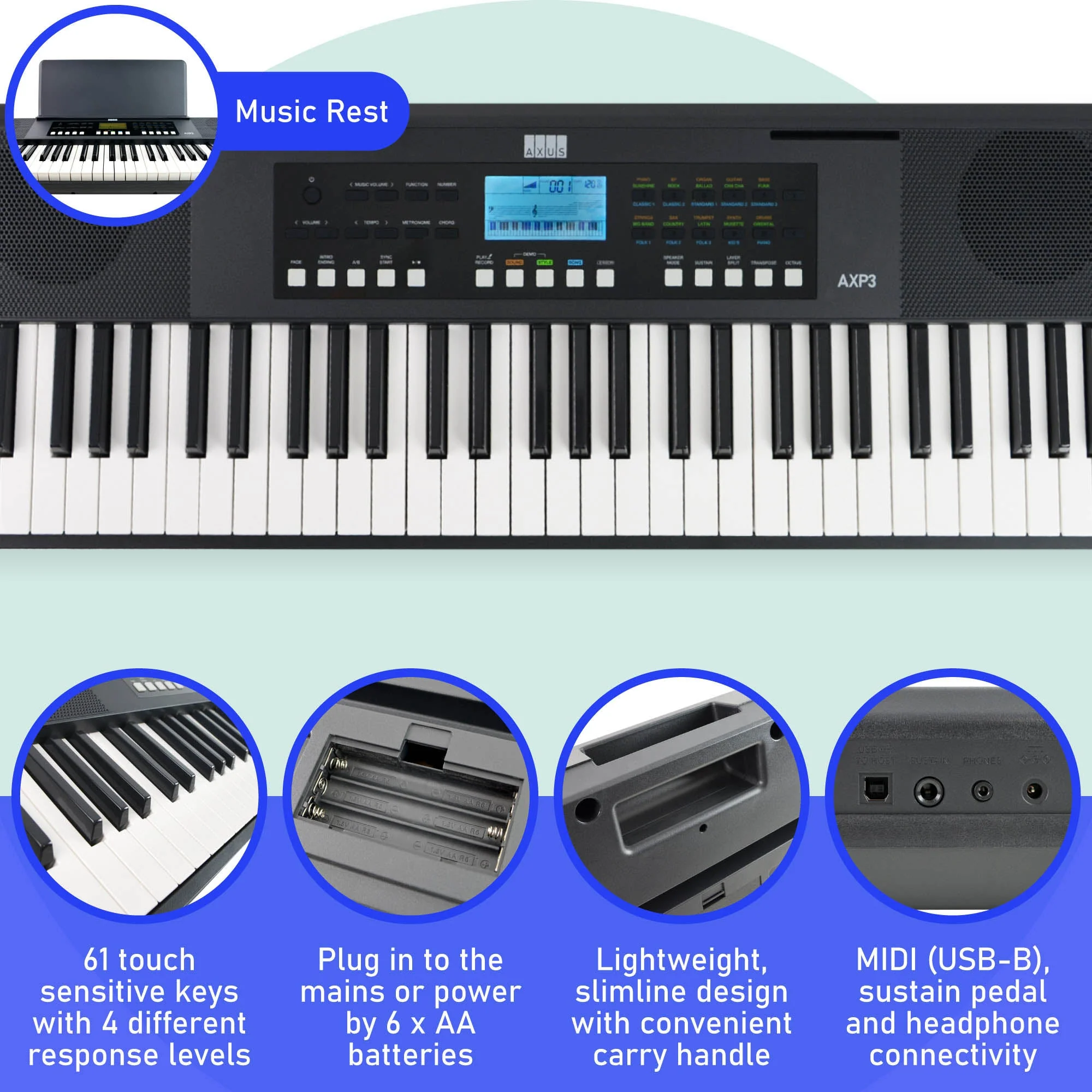 Axus 61 Key Touch Sensitive Portable Keyboard - Image 2