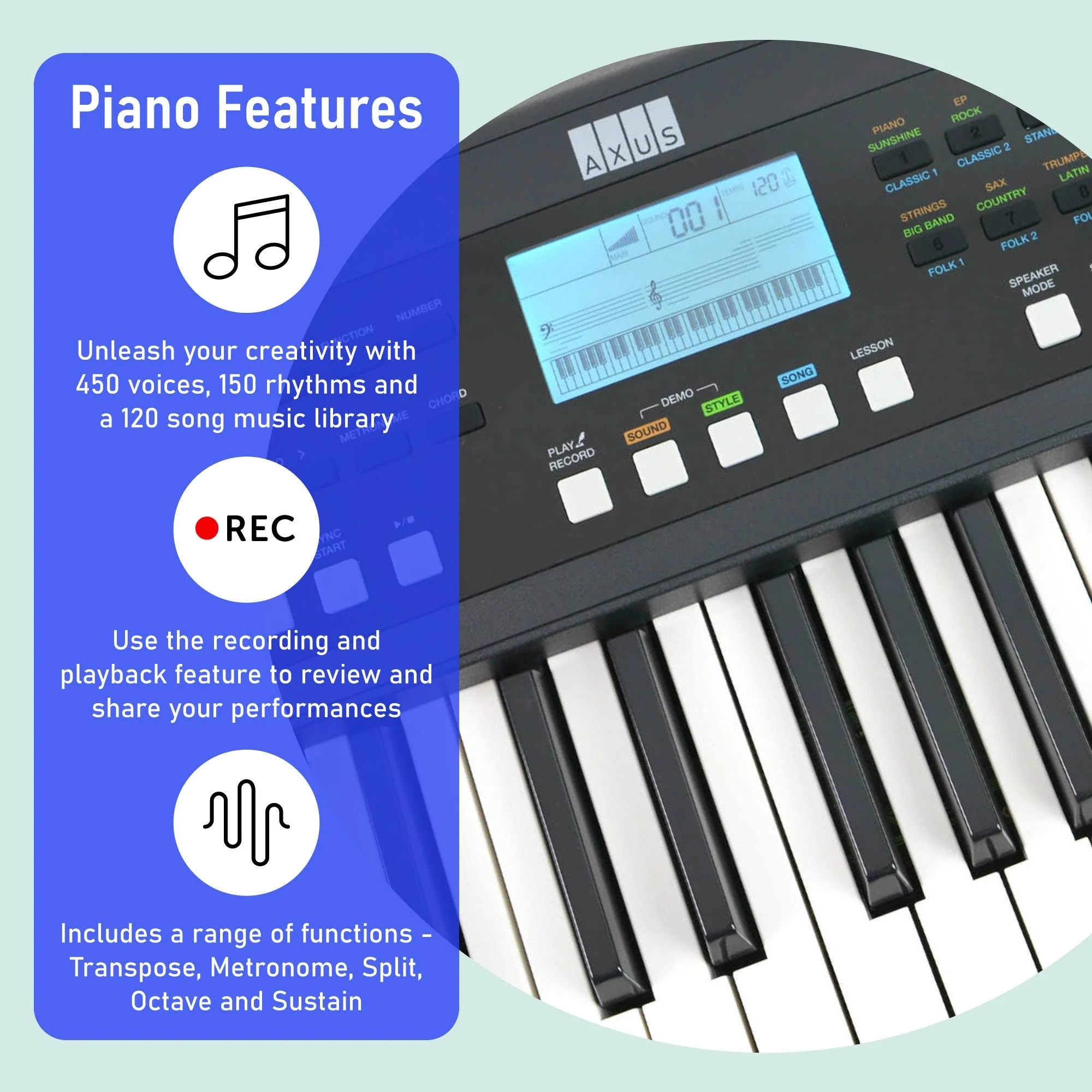 Axus 61 Key Touch Sensitive Portable Keyboard - Image 3