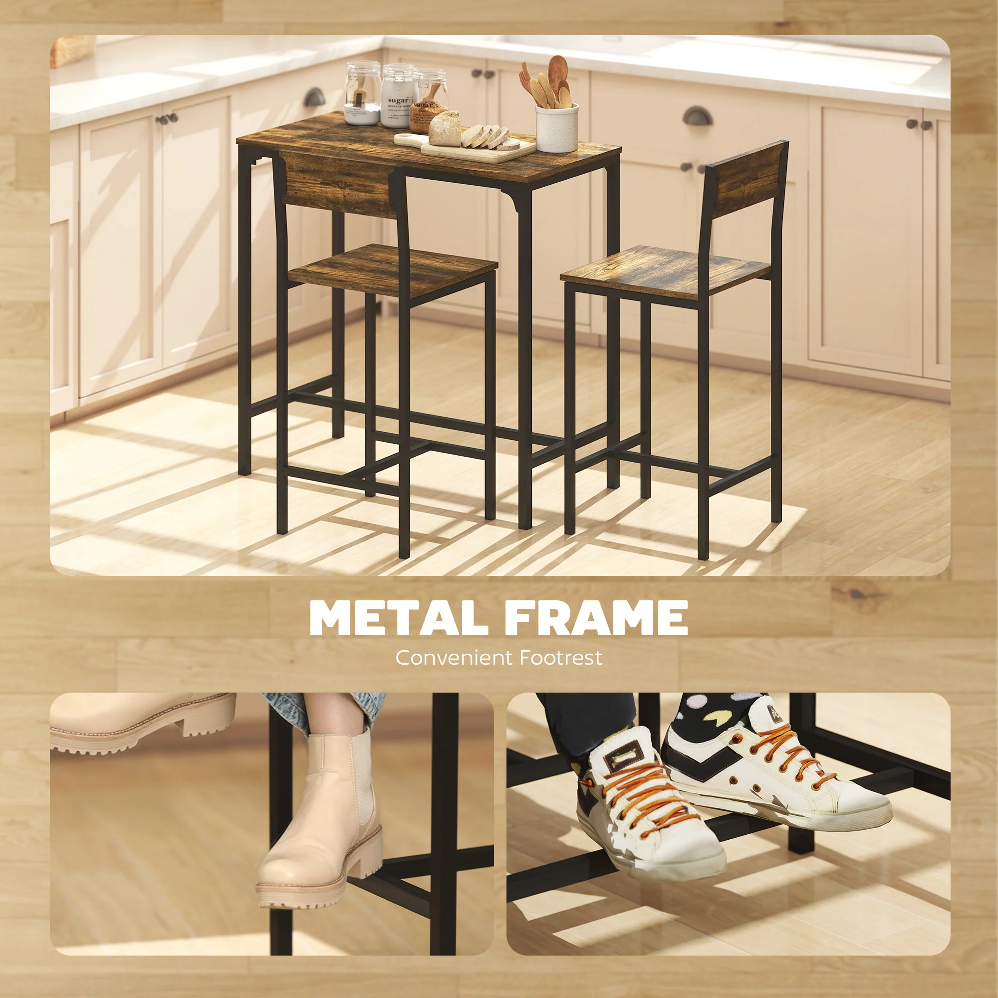 Bar Table and Stools Set, Kitchen Table and 2 Chairs with Backrest, Footrest - Image 3