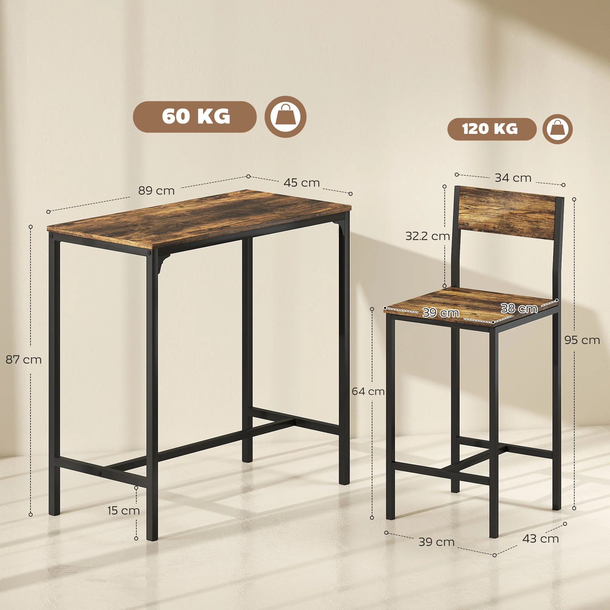 Bar Table and Stools Set, Kitchen Table and 2 Chairs with Backrest, Footrest - Image 5