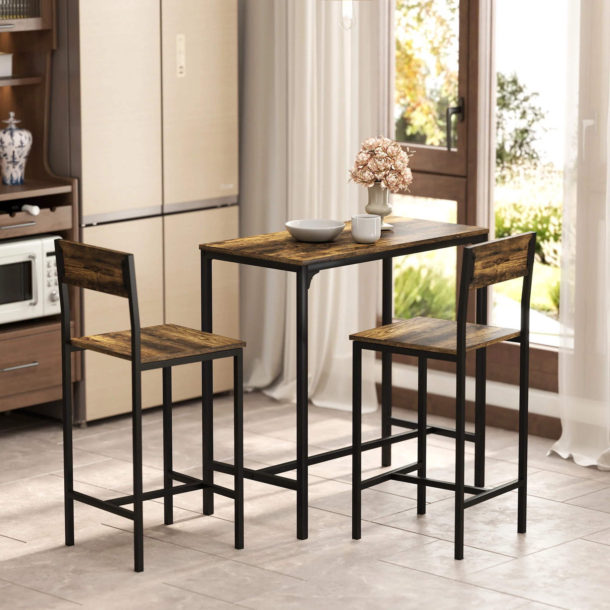 Bar Table and Stools Set, Kitchen Table and 2 Chairs with Backrest, Footrest - Image 7