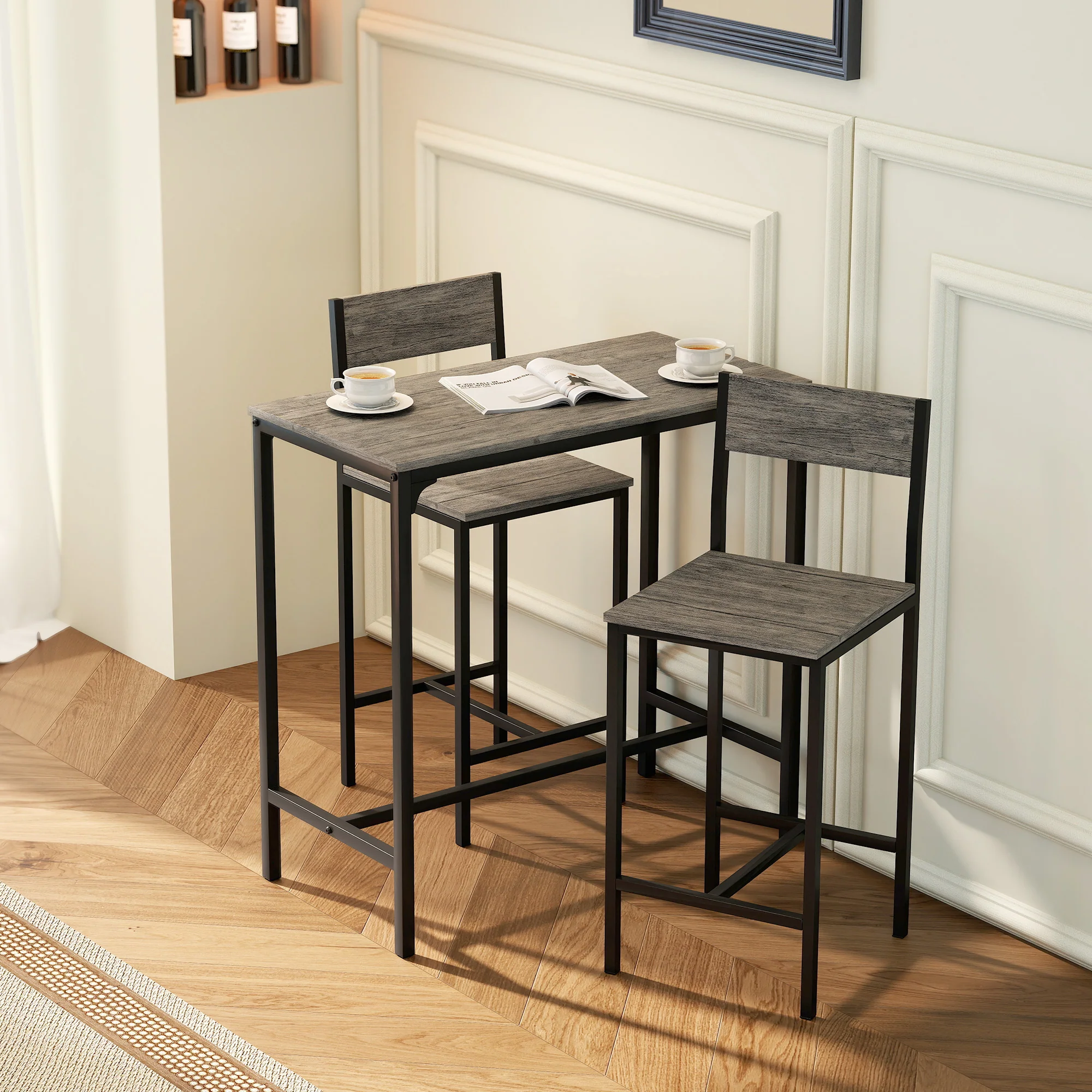 Bar Table and Stools Set, Kitchen Table and 2 Chairs with Backrest, Footrest - Image 2