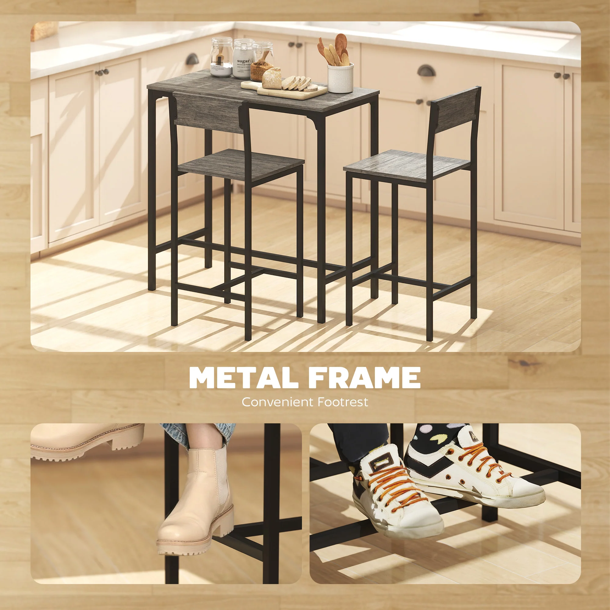 Bar Table and Stools Set, Kitchen Table and 2 Chairs with Backrest, Footrest - Image 3