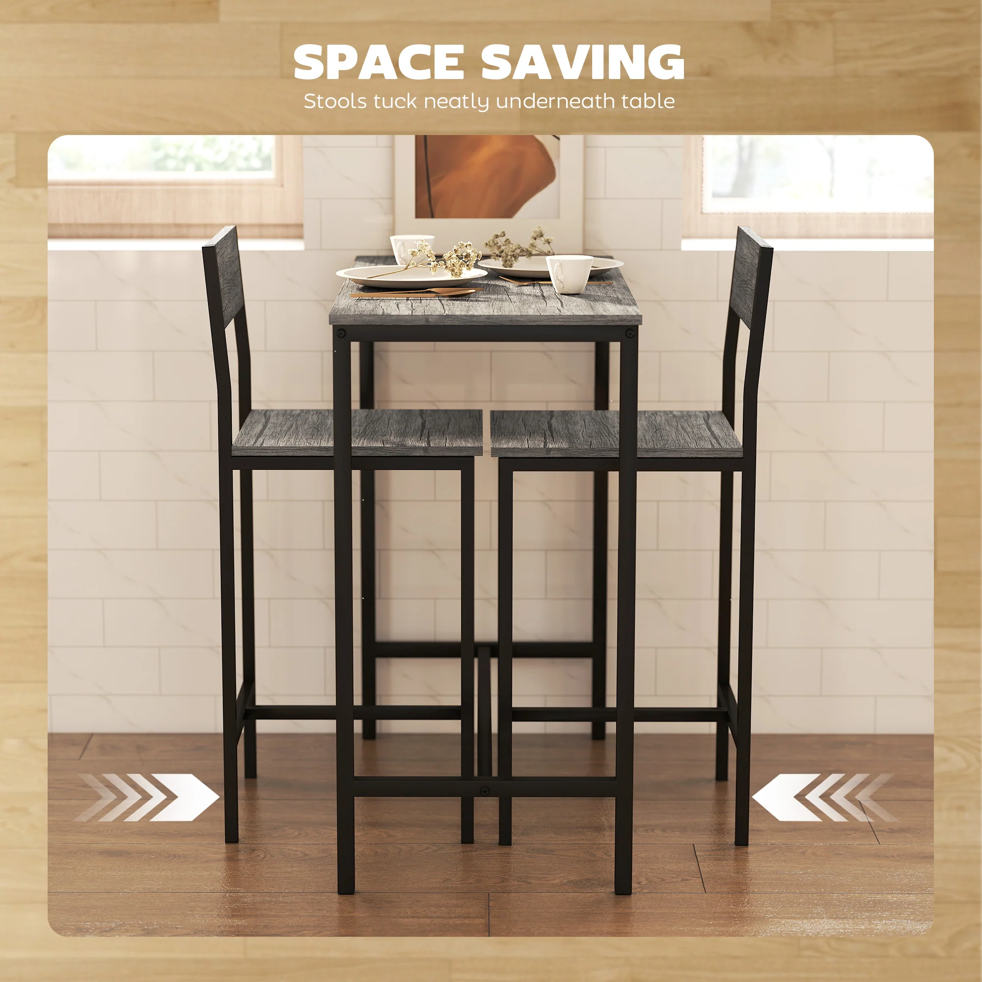Bar Table and Stools Set, Kitchen Table and 2 Chairs with Backrest, Footrest - Image 4