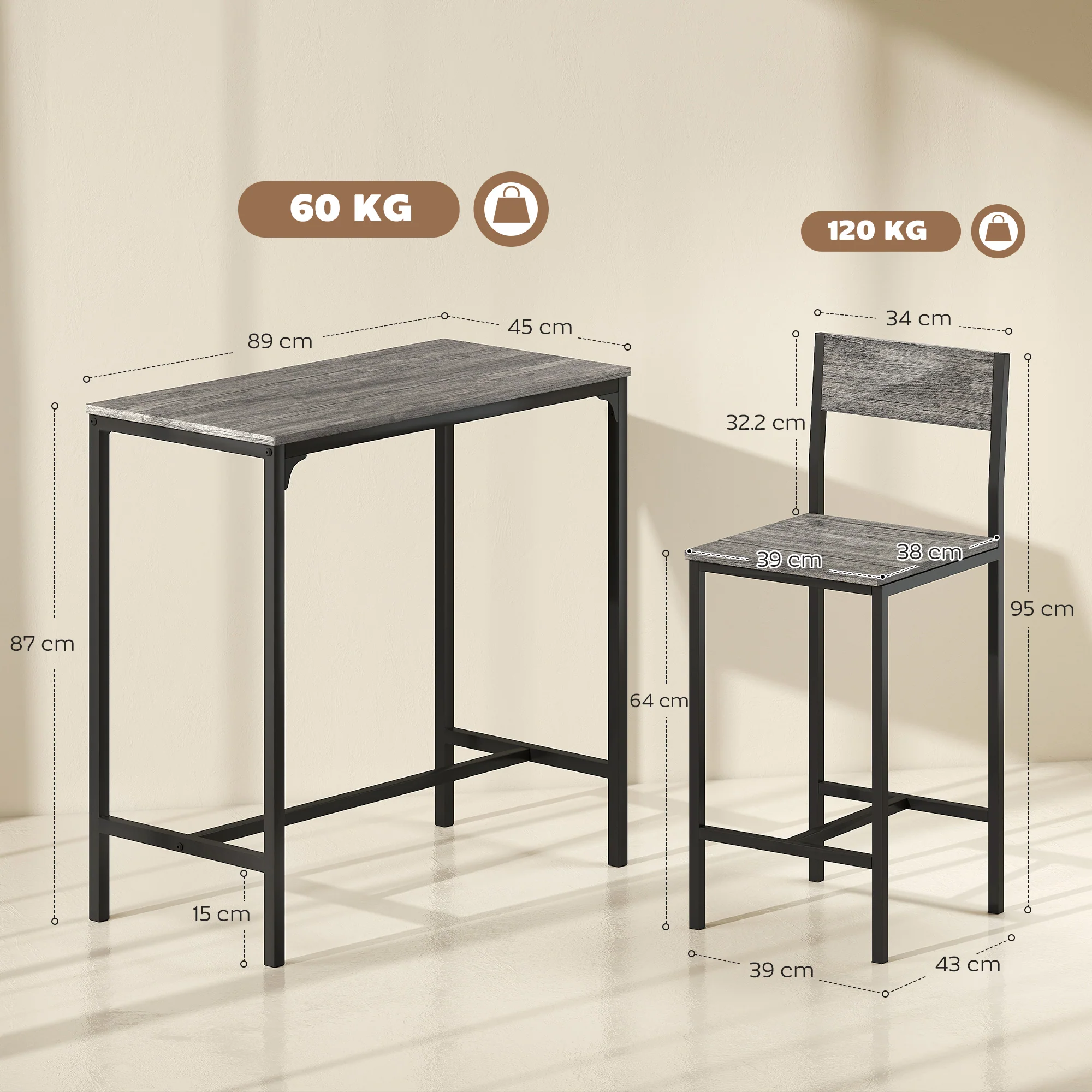 Bar Table and Stools Set, Kitchen Table and 2 Chairs with Backrest, Footrest - Image 5