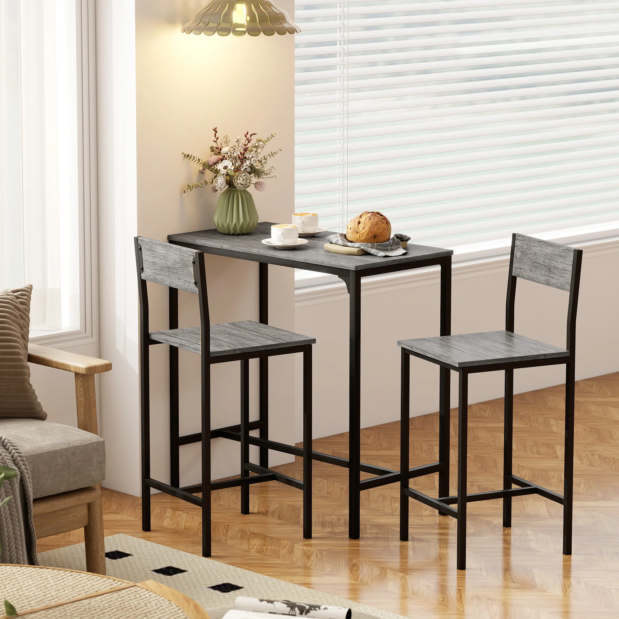 Bar Table and Stools Set, Kitchen Table and 2 Chairs with Backrest, Footrest - Image 6