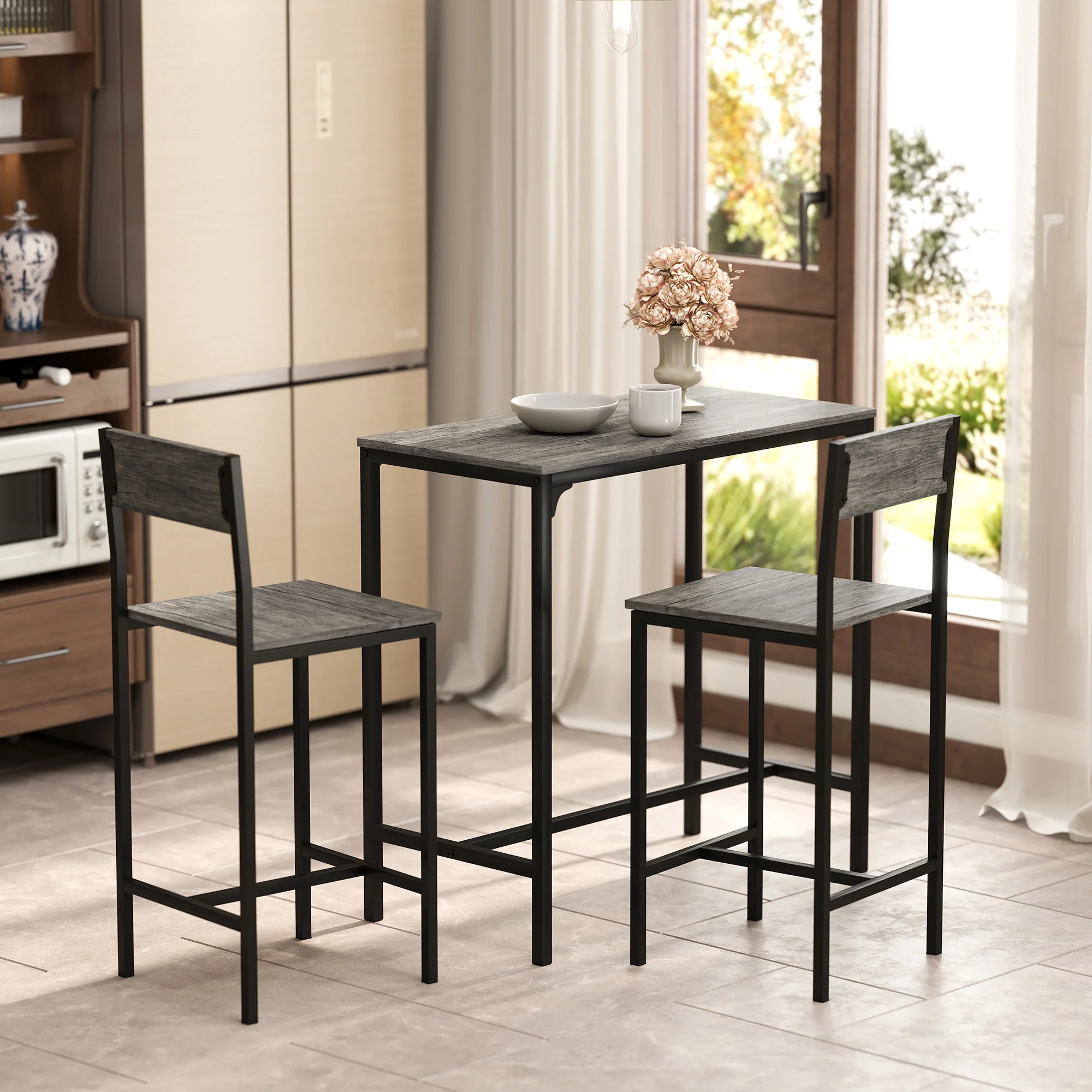 Bar Table and Stools Set, Kitchen Table and 2 Chairs with Backrest, Footrest - Image 7