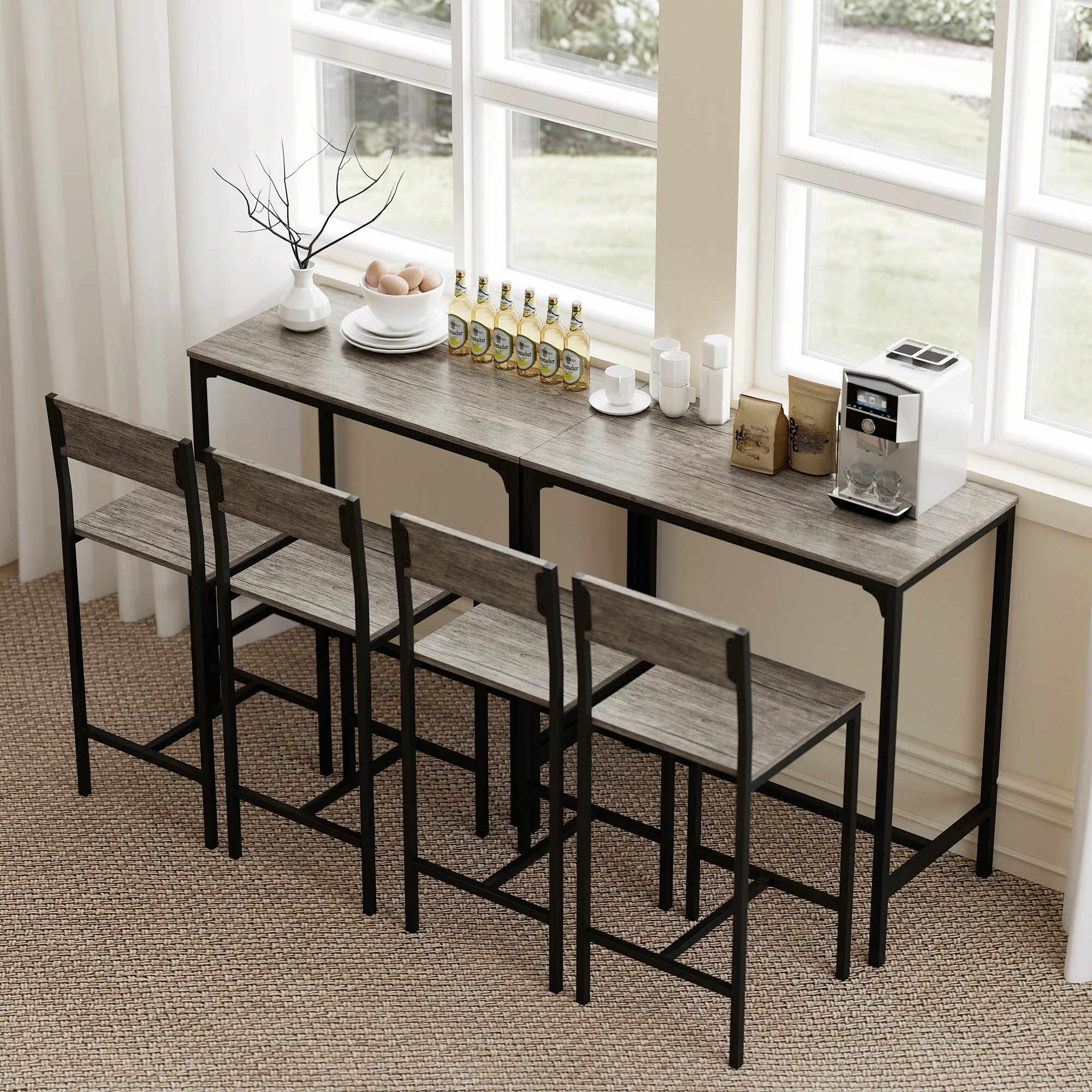 Bar Table and Stools Set, Kitchen Table and 2 Chairs with Backrest, Footrest - Image 8