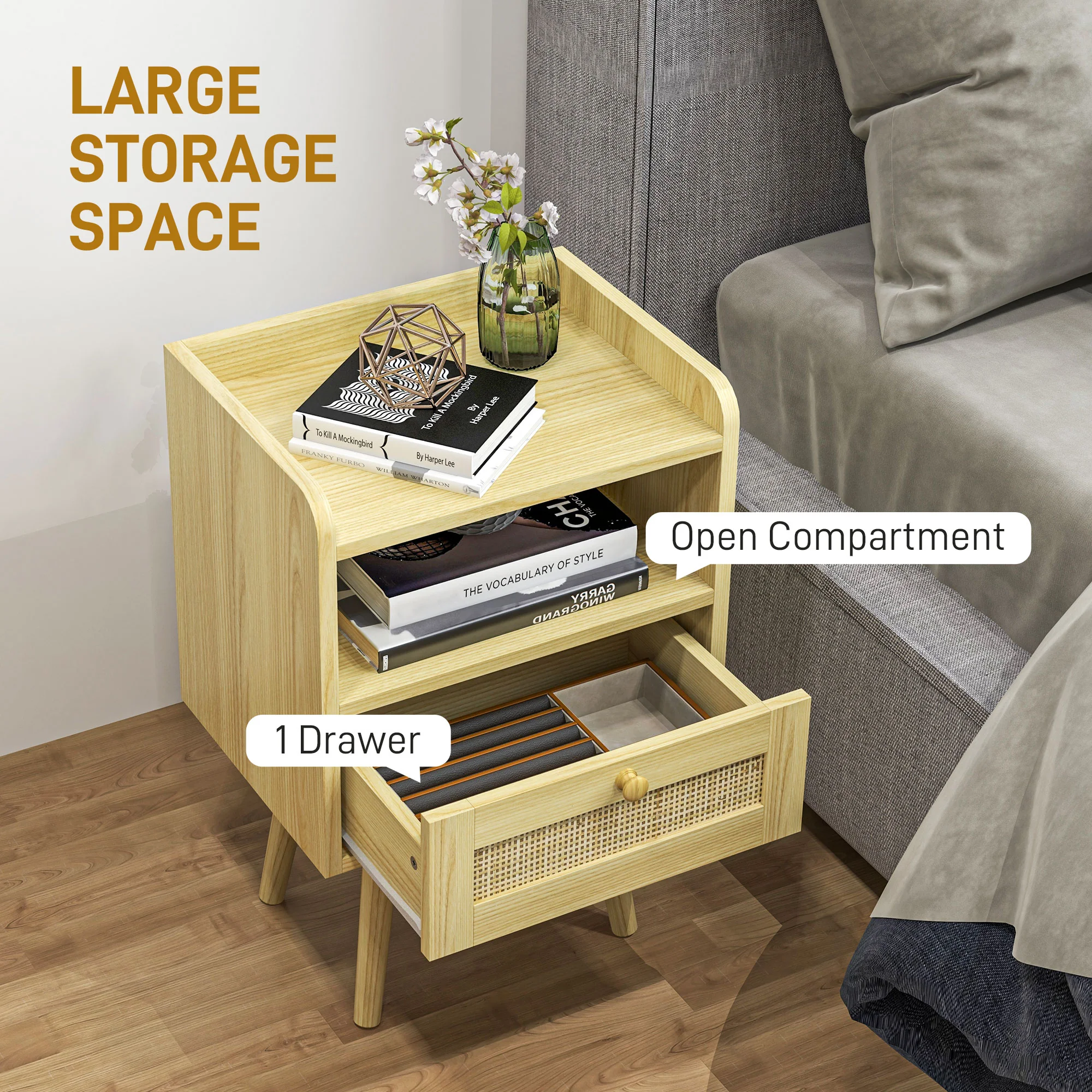 Bedside Tables, Set Of 2, Boho Side End Table W/ Drawer, Storage Compartment - Image 3