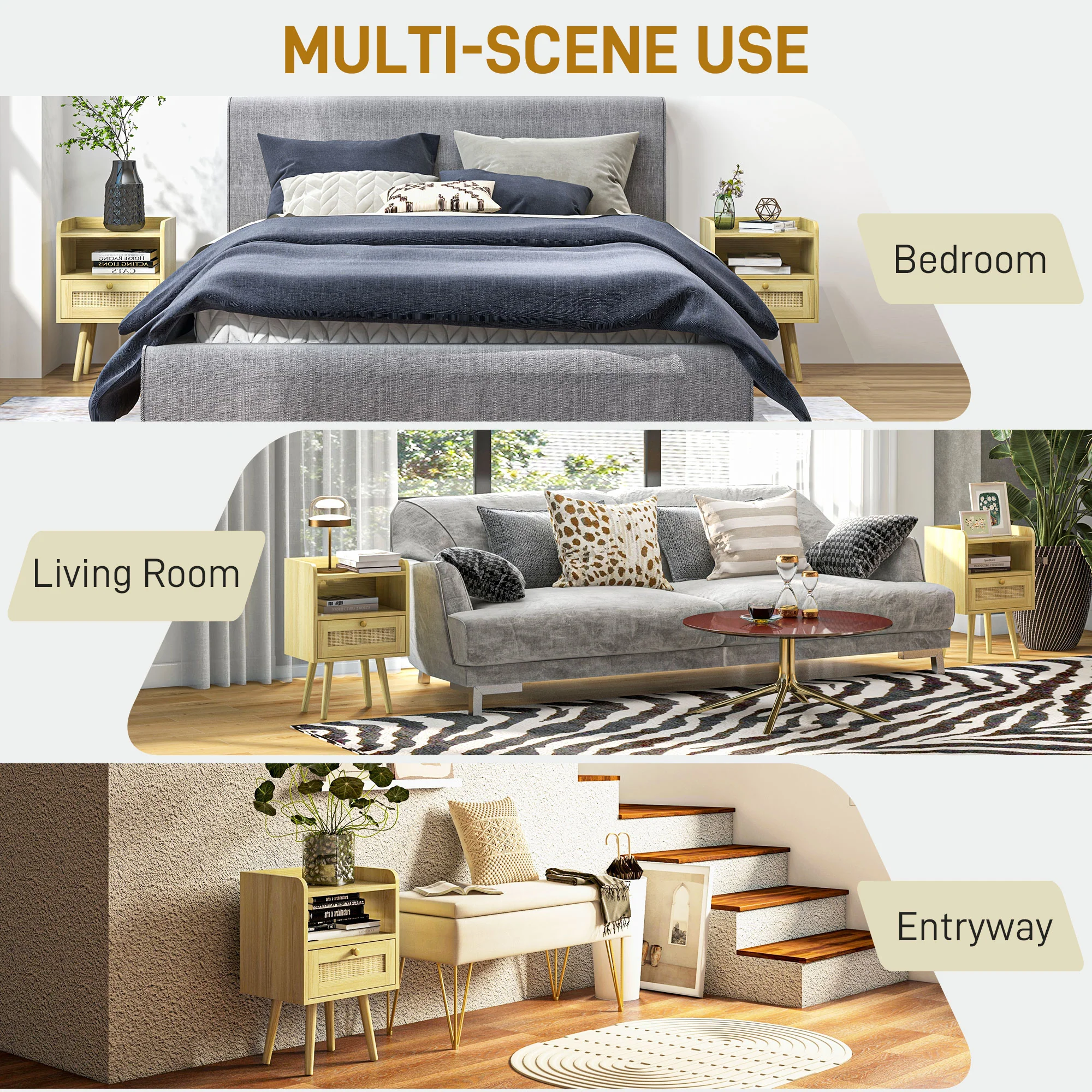 Bedside Tables, Set Of 2, Boho Side End Table W/ Drawer, Storage Compartment - Image 6