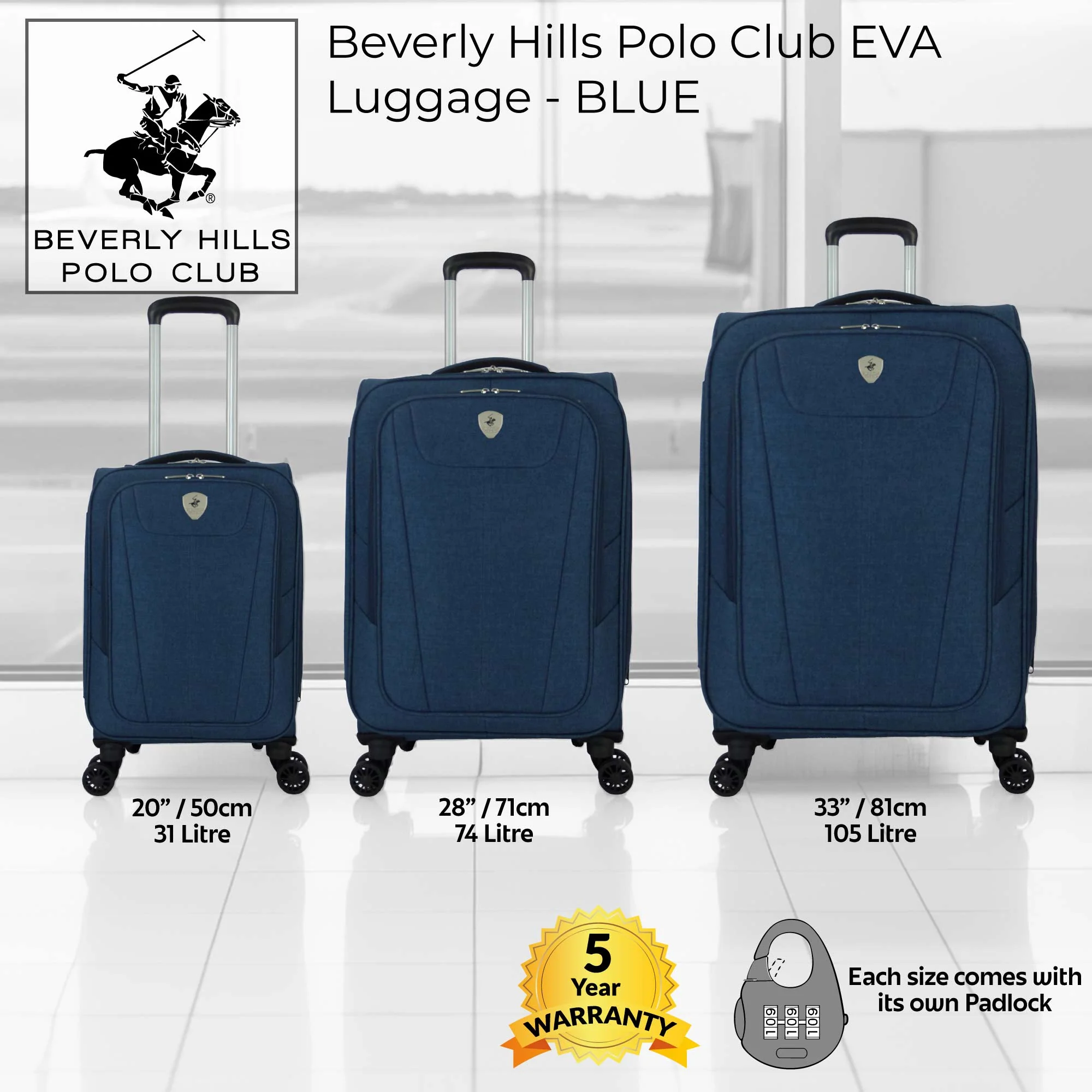 Beverly Hills Polo Club EVA Soft Shell Suitcase - Blue | Individual Sizes 20" 28" 33" - 4 Spinner Wheels - Image 2