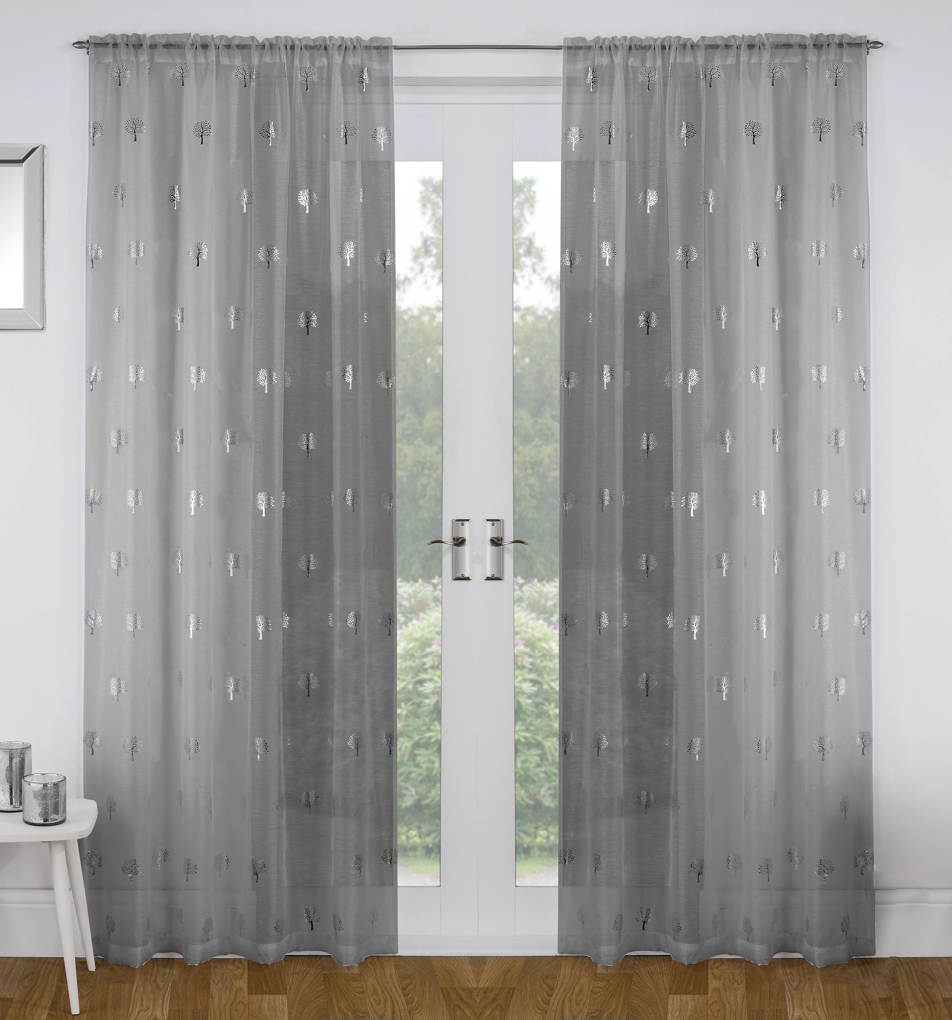 Birch Grey Metallic Tree Print Linen-Look Voile Panel - Pair