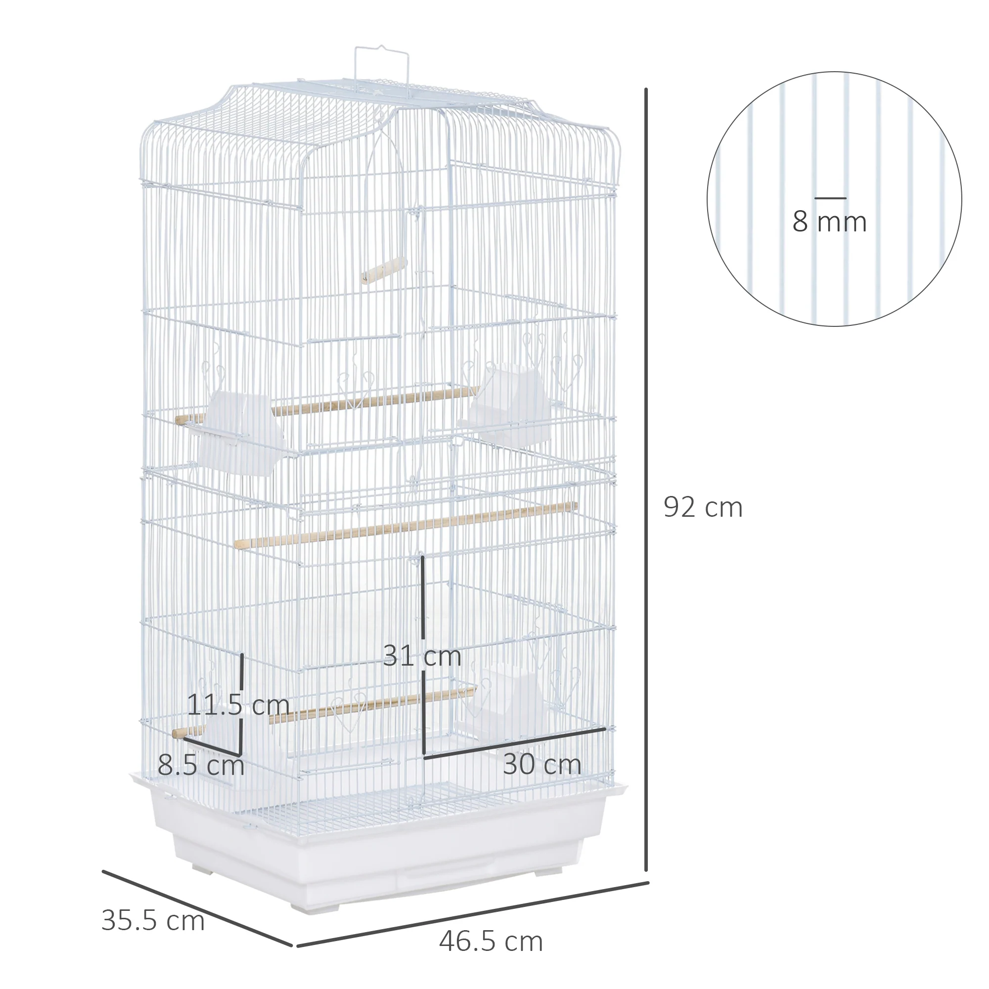 Bird Cage with Stand, Perches, Food Bowls, Swing, 46.5 x 35.5 x 92cm, White - Image 5