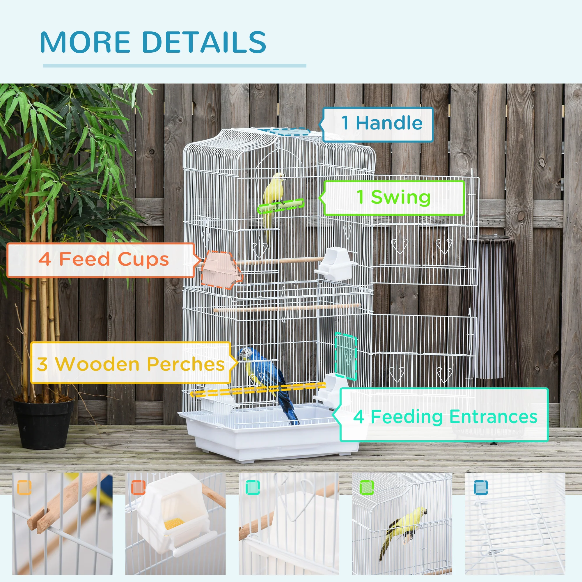 Bird Cage with Stand, Perches, Food Bowls, Swing, 46.5 x 35.5 x 92cm, White - Image 6