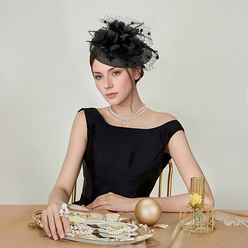 Black Feather Flower Mesh Fascinator - Image 2