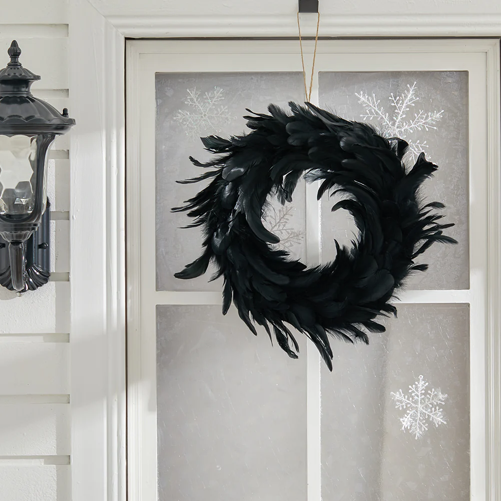 Black Feather Wreath with Lights for Halloween