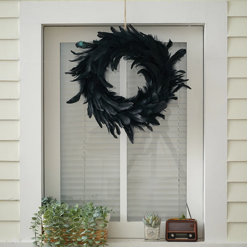 Black Feather Wreath with Lights for Halloween - Image 2